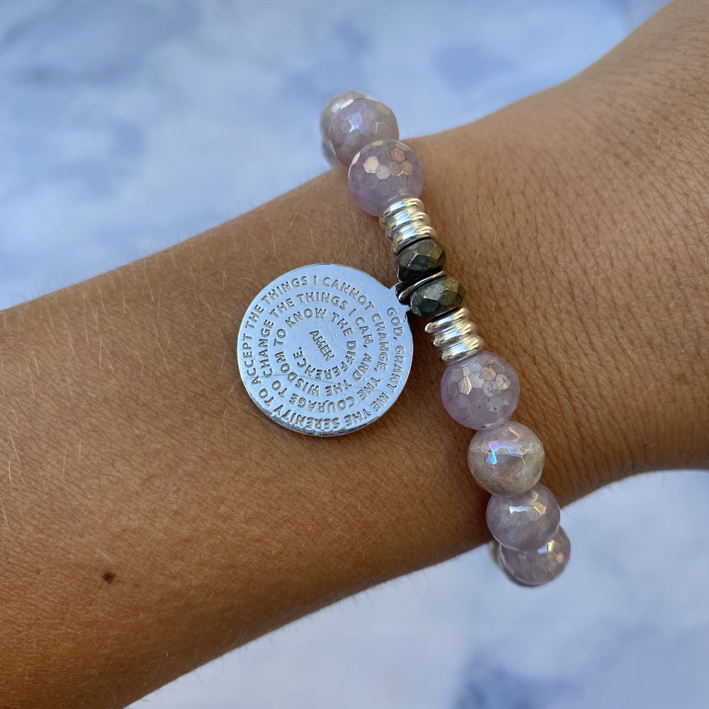 Mauve Jade Stone Bracelet with Serenity Prayer Sterling Silver Charm