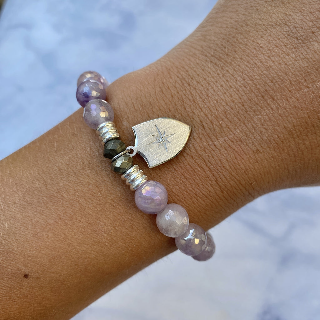 Mauve Jade Stone Bracelet with Shield of Strength Sterling Silver Charm