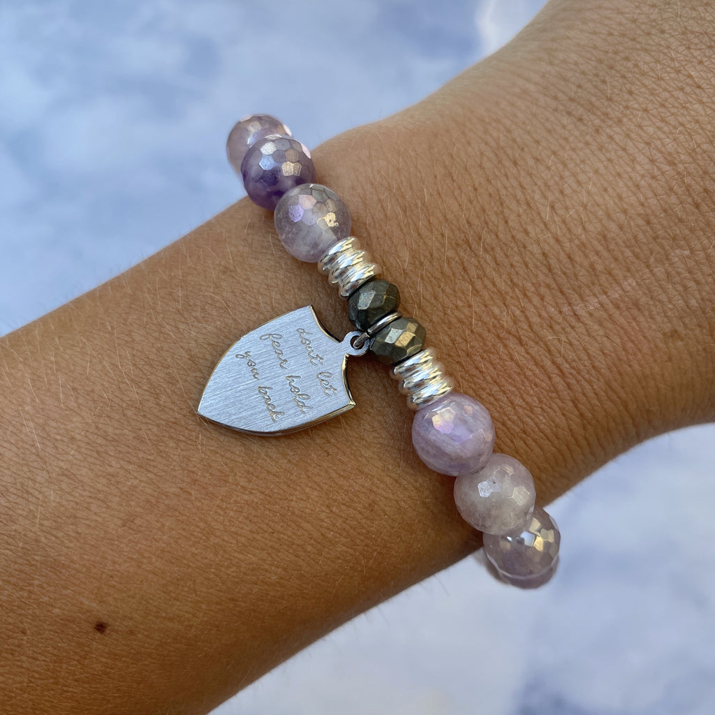 Mauve Jade Stone Bracelet with Shield of Strength Sterling Silver Charm