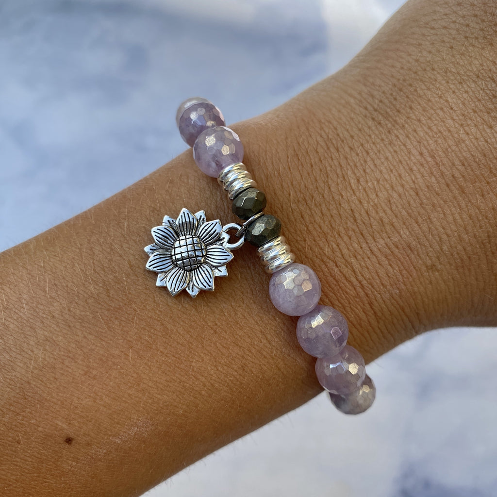 Mauve Jade Stone Bracelet with Sunflower Sterling Silver Charm