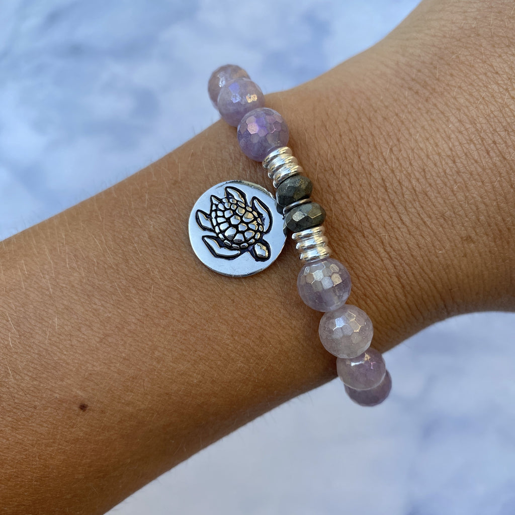 Mauve Jade Stone Bracelet with Turtle Sterling Silver Charm