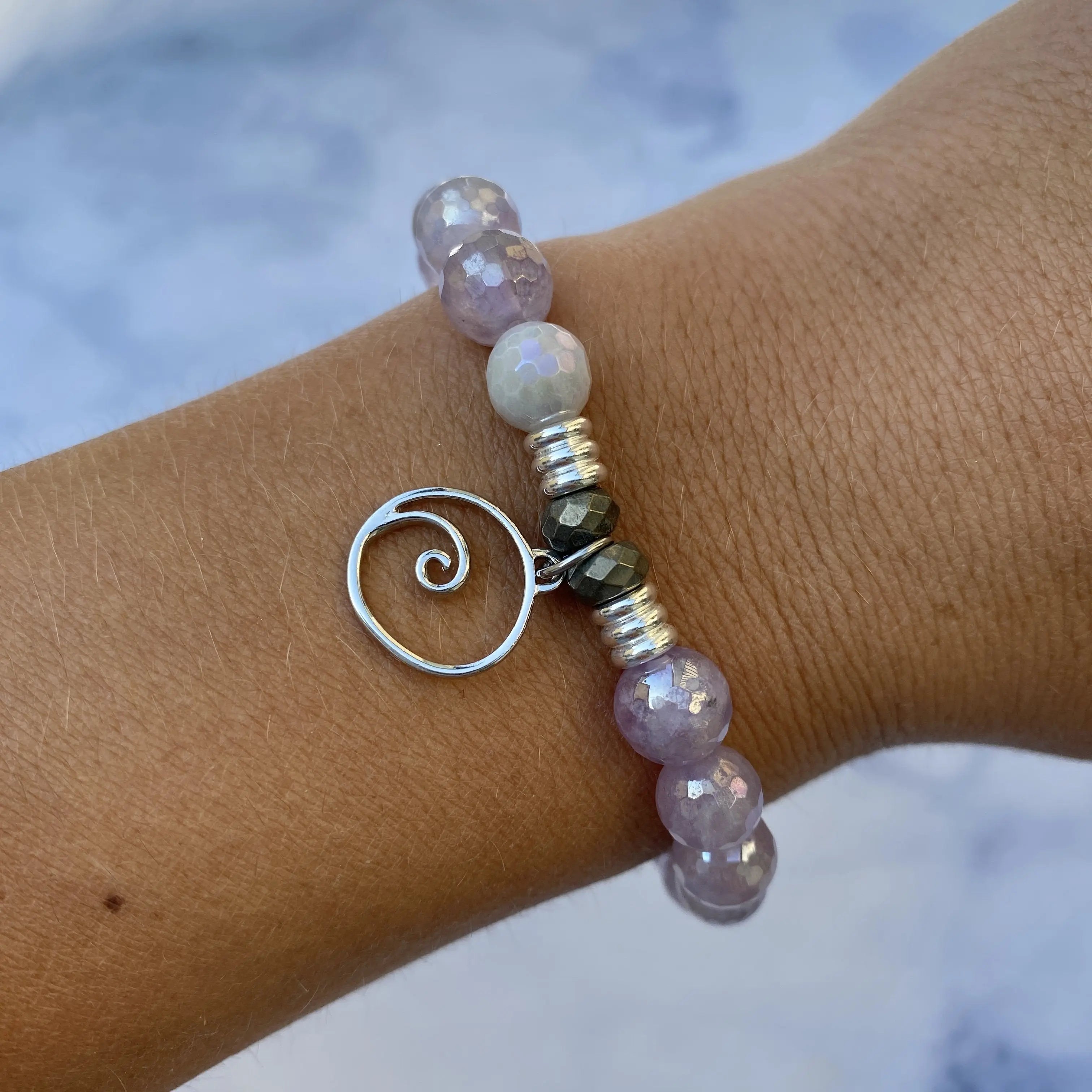 Mauve Jade Stone Bracelet with Wave Sterling Silver Charm