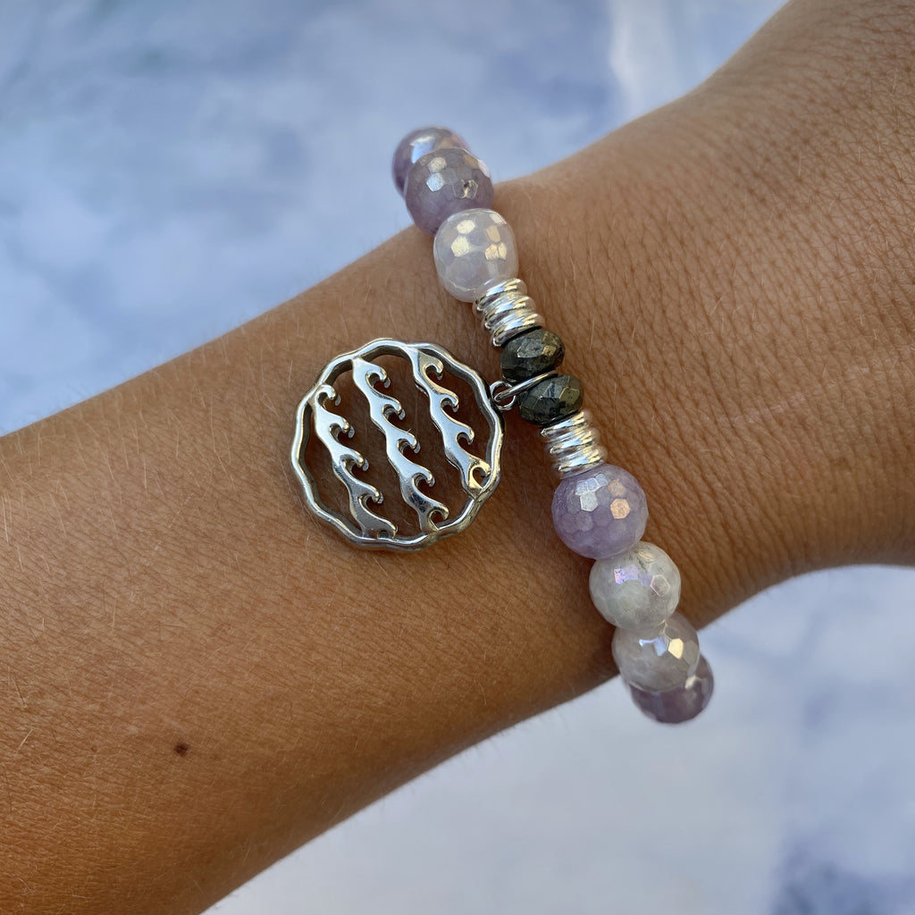 Mauve Jade Stone Bracelet with Waves of Life Sterling Silver Charm