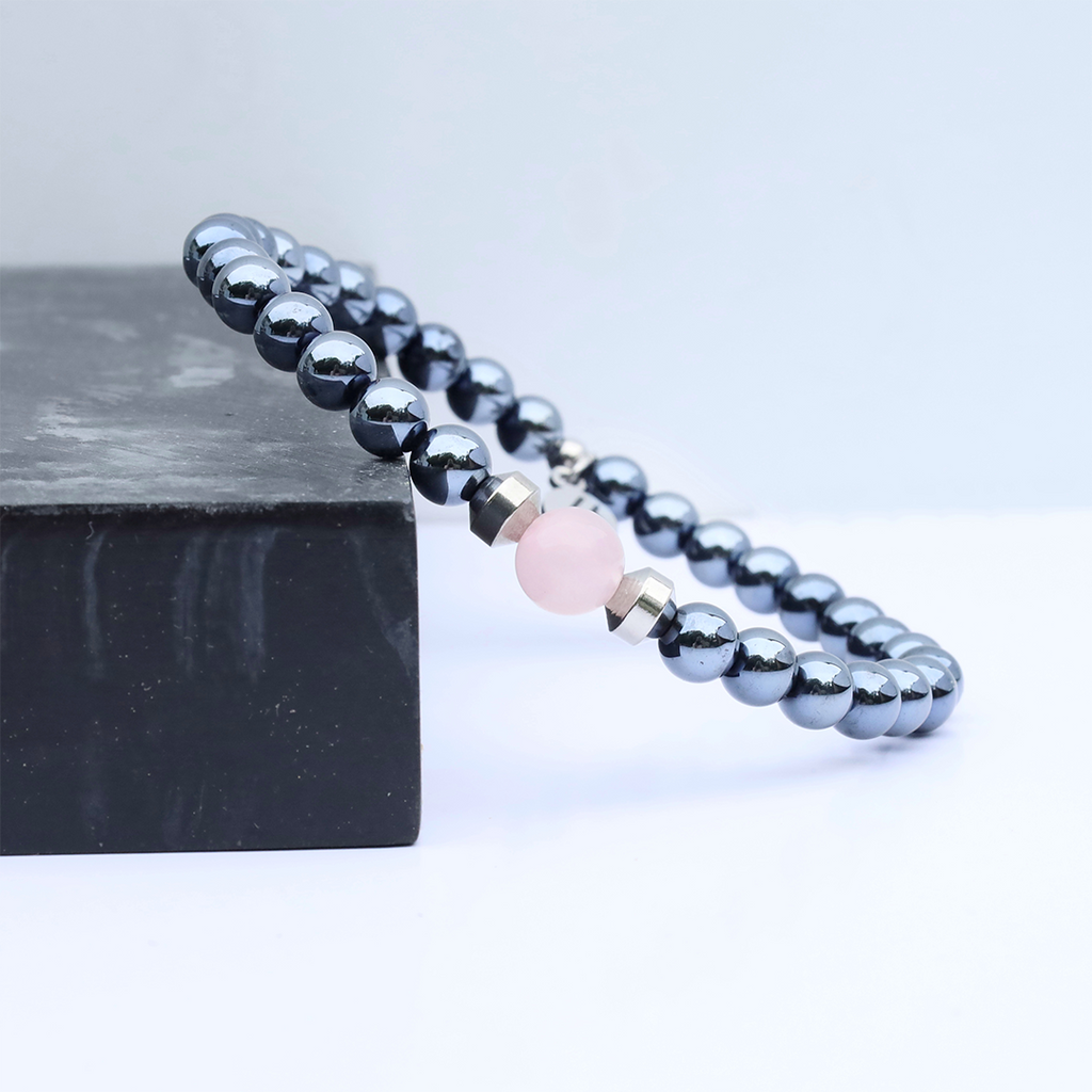 Men's Noble Father Daughter Bracelet Collection - Gunmetal Onyx with Rose Quartz Beaded Bracelet