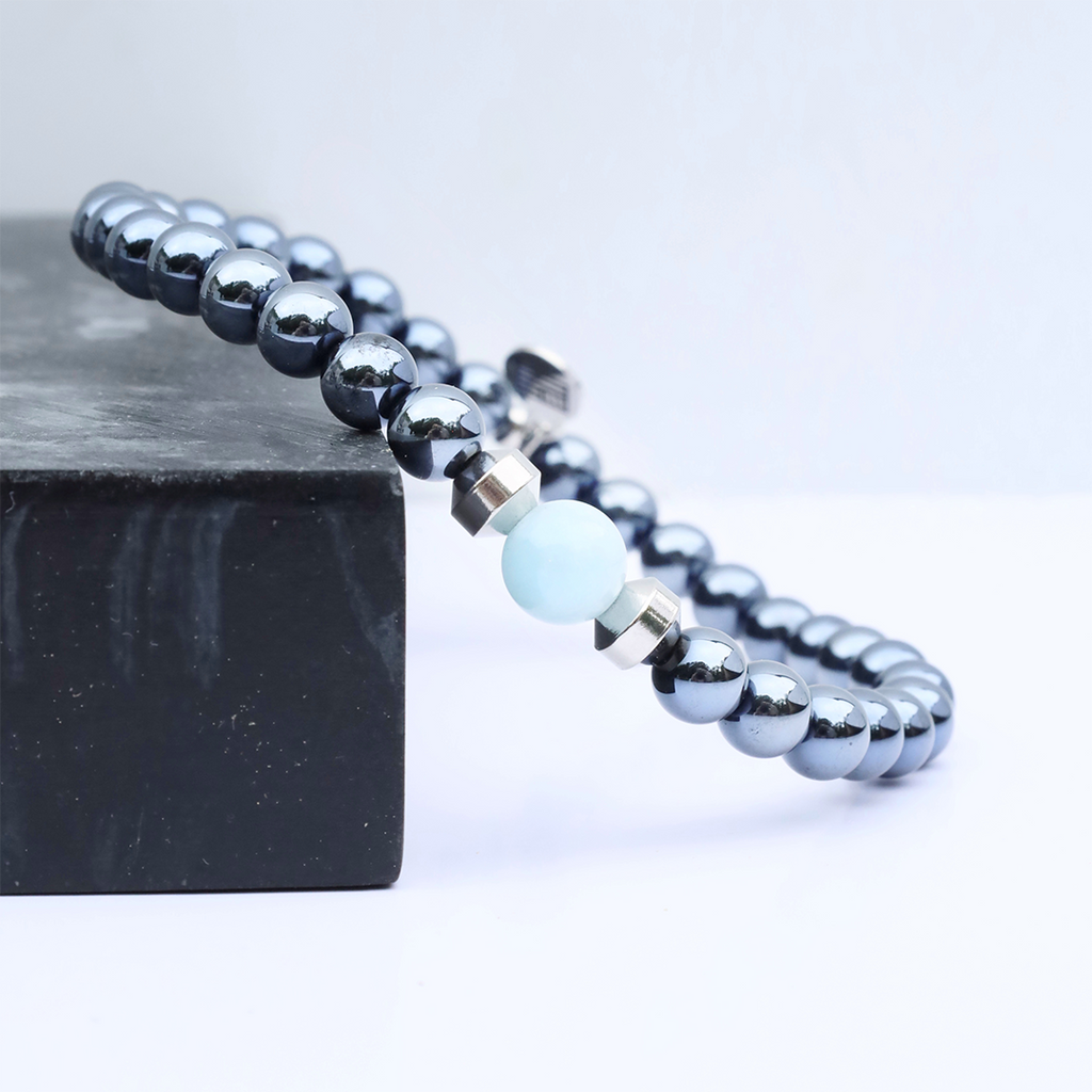 Men's Noble Father Son Bracelet Collection - Gunmetal Onyx with Blue Aquamarine Beaded Bracelet