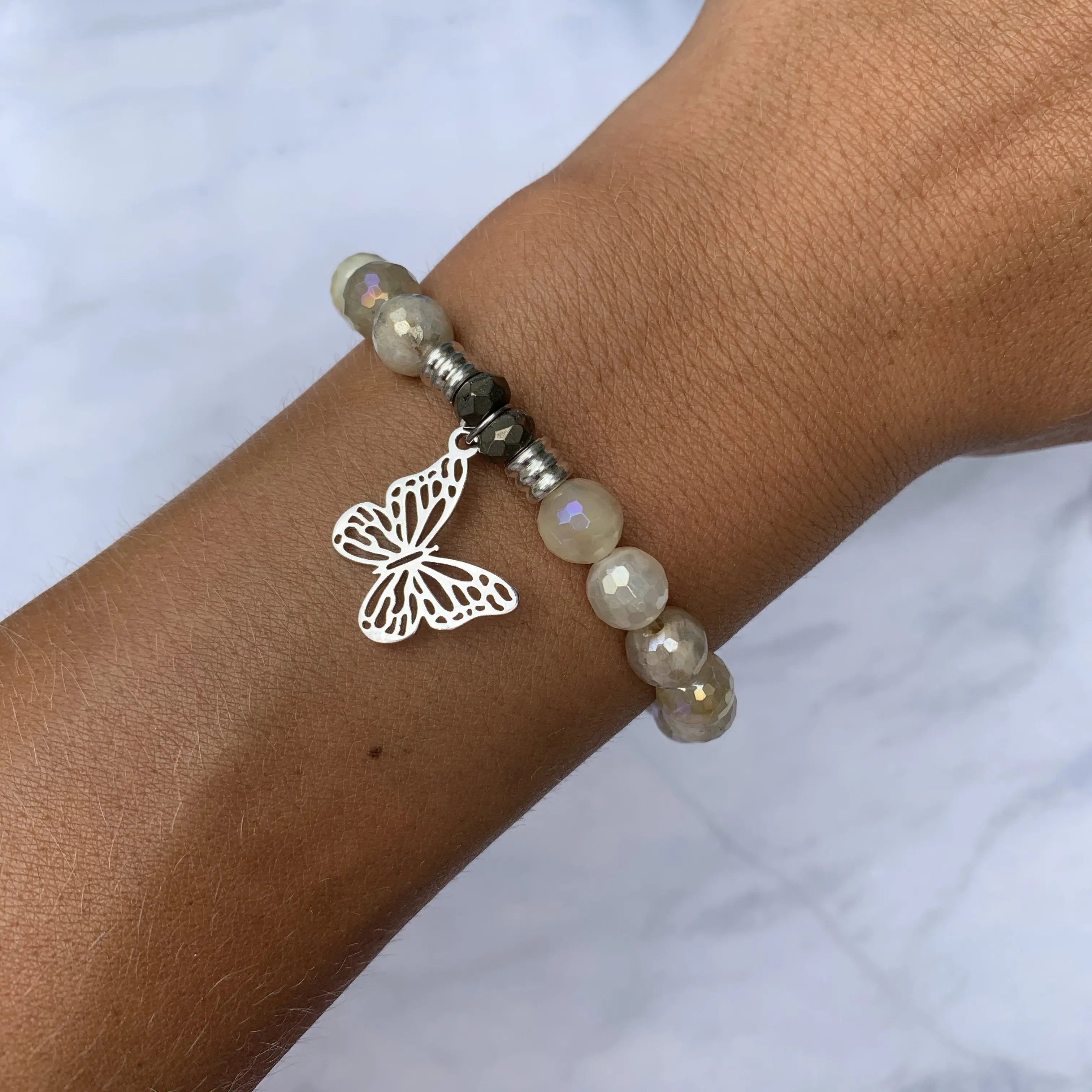 Moonstone Gemstone Bracelet with Butterfly Cutout Sterling Silver Charm T. Jazelle