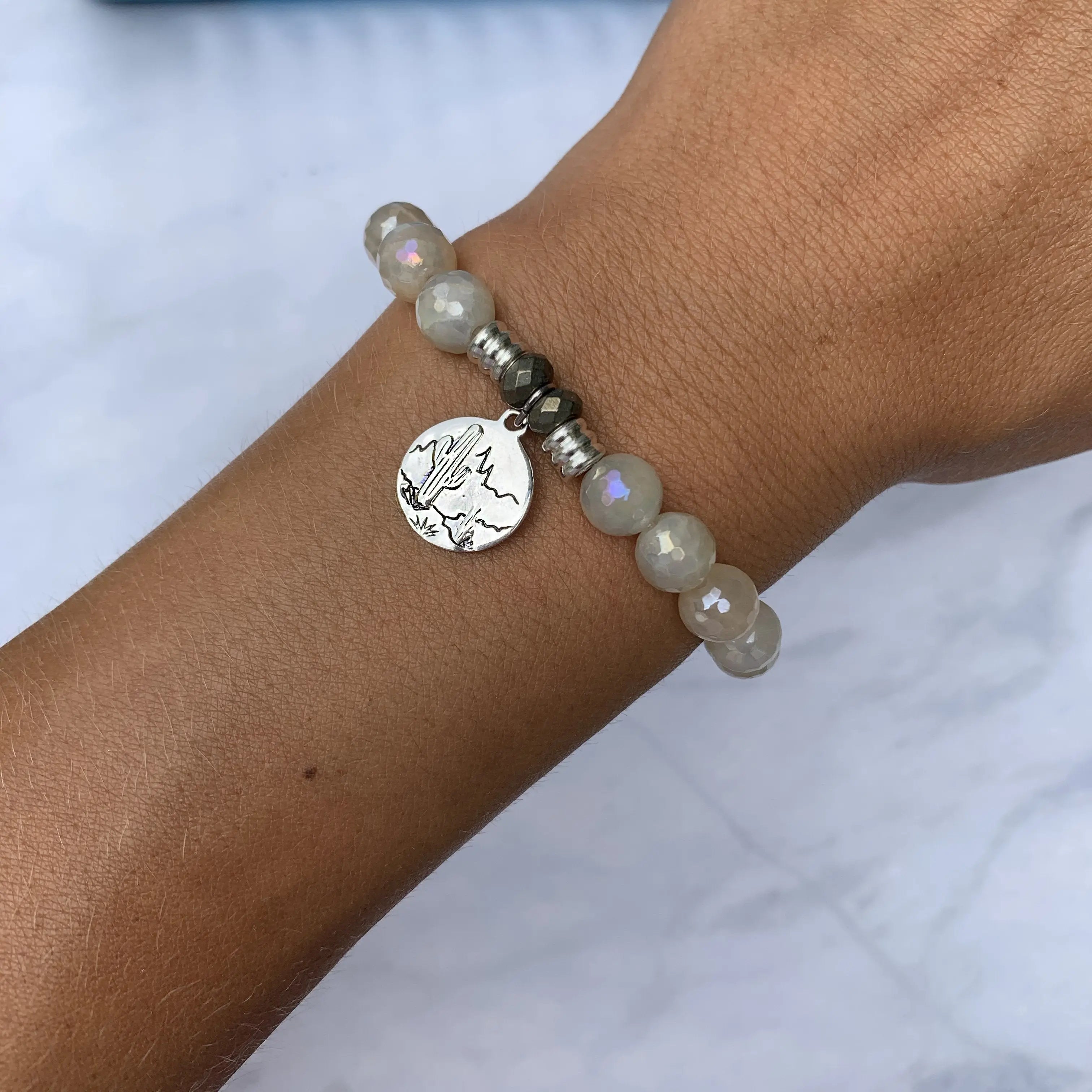 Moonstone Gemstone Bracelet with Cactus Sterling Silver Charm T. Jazelle