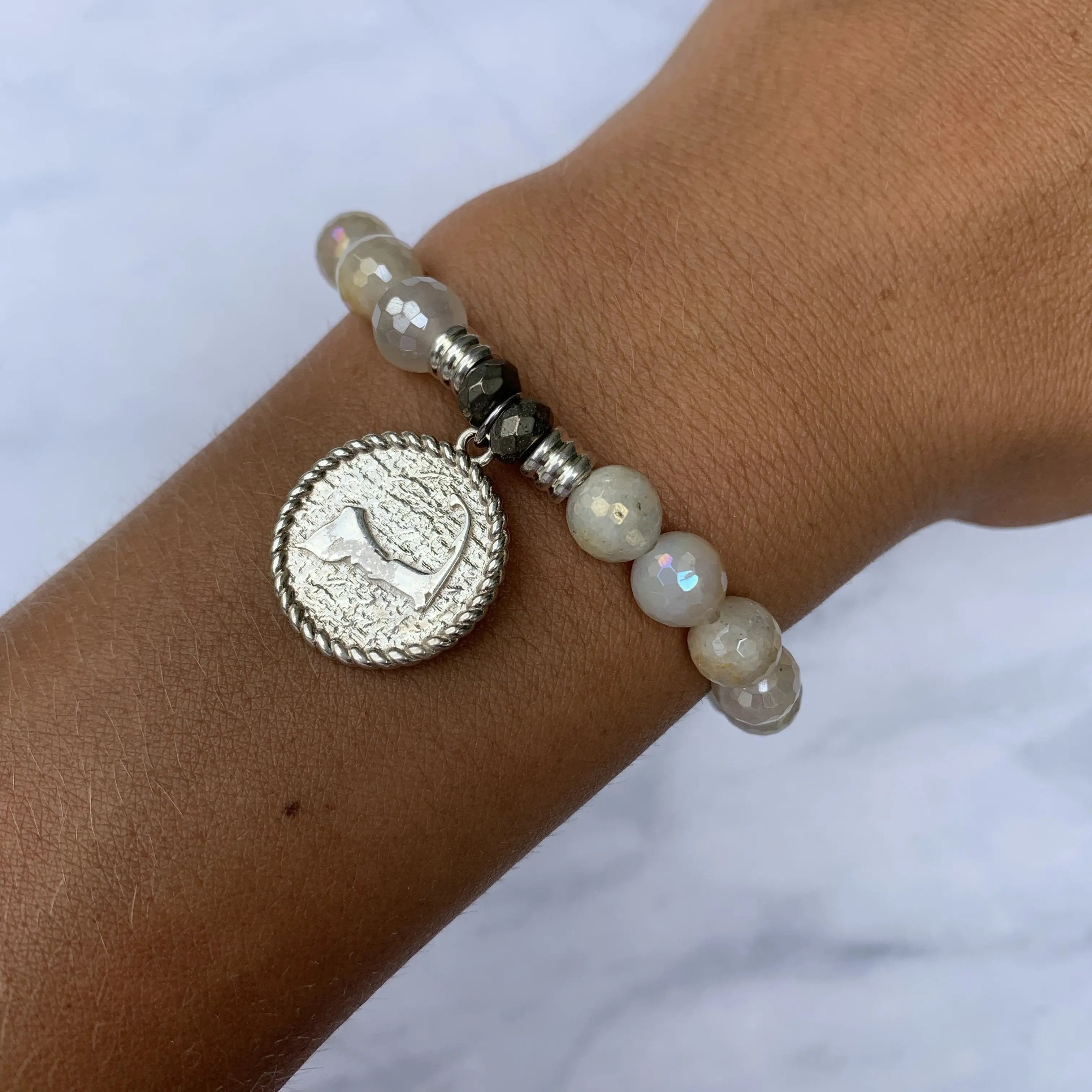 Moonstone Gemstone Bracelet with Cape Cod Coin Sterling Silver Charm T. Jazelle