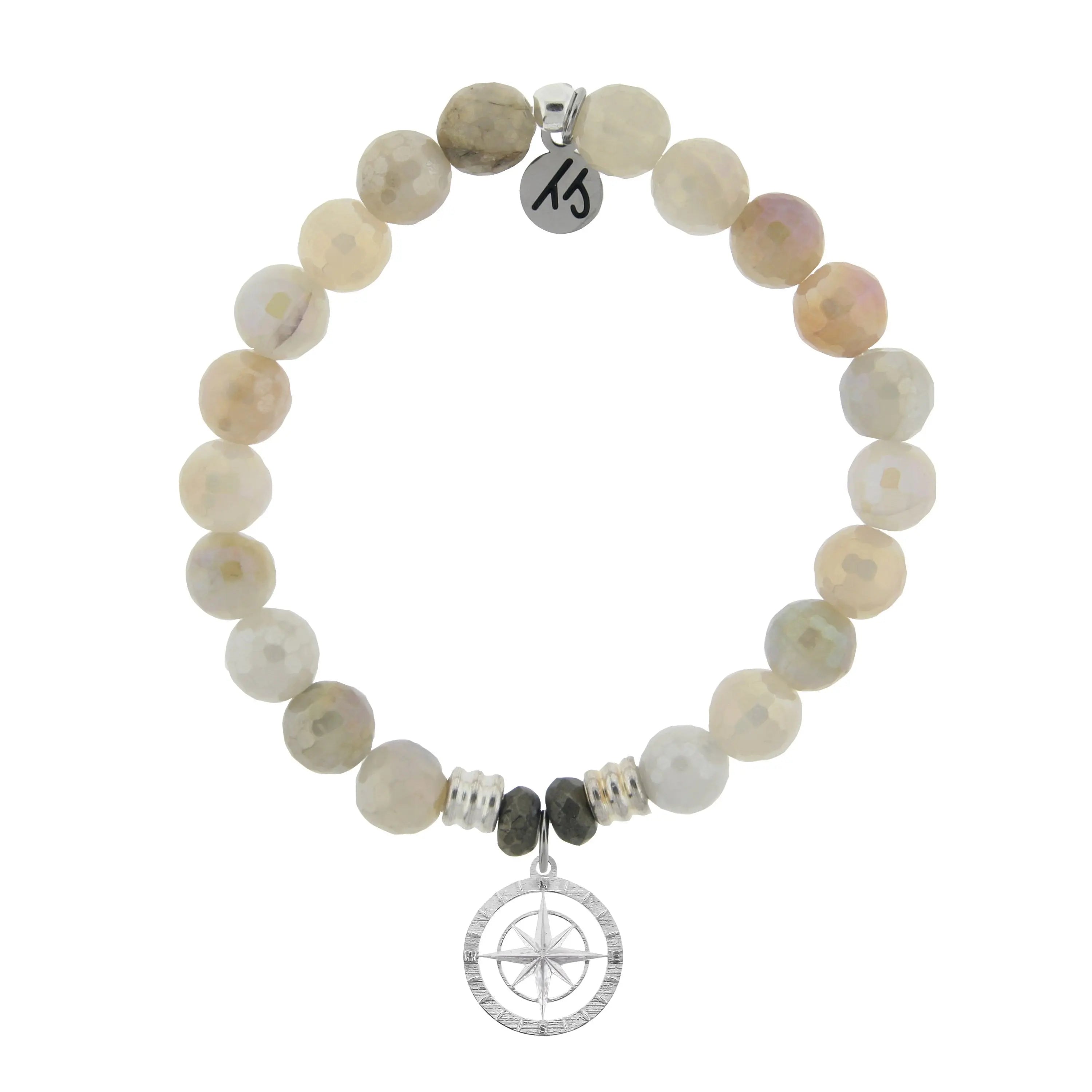 Moonstone Gemstone Bracelet with Compass Rose Sterling Silver Charm T. Jazelle