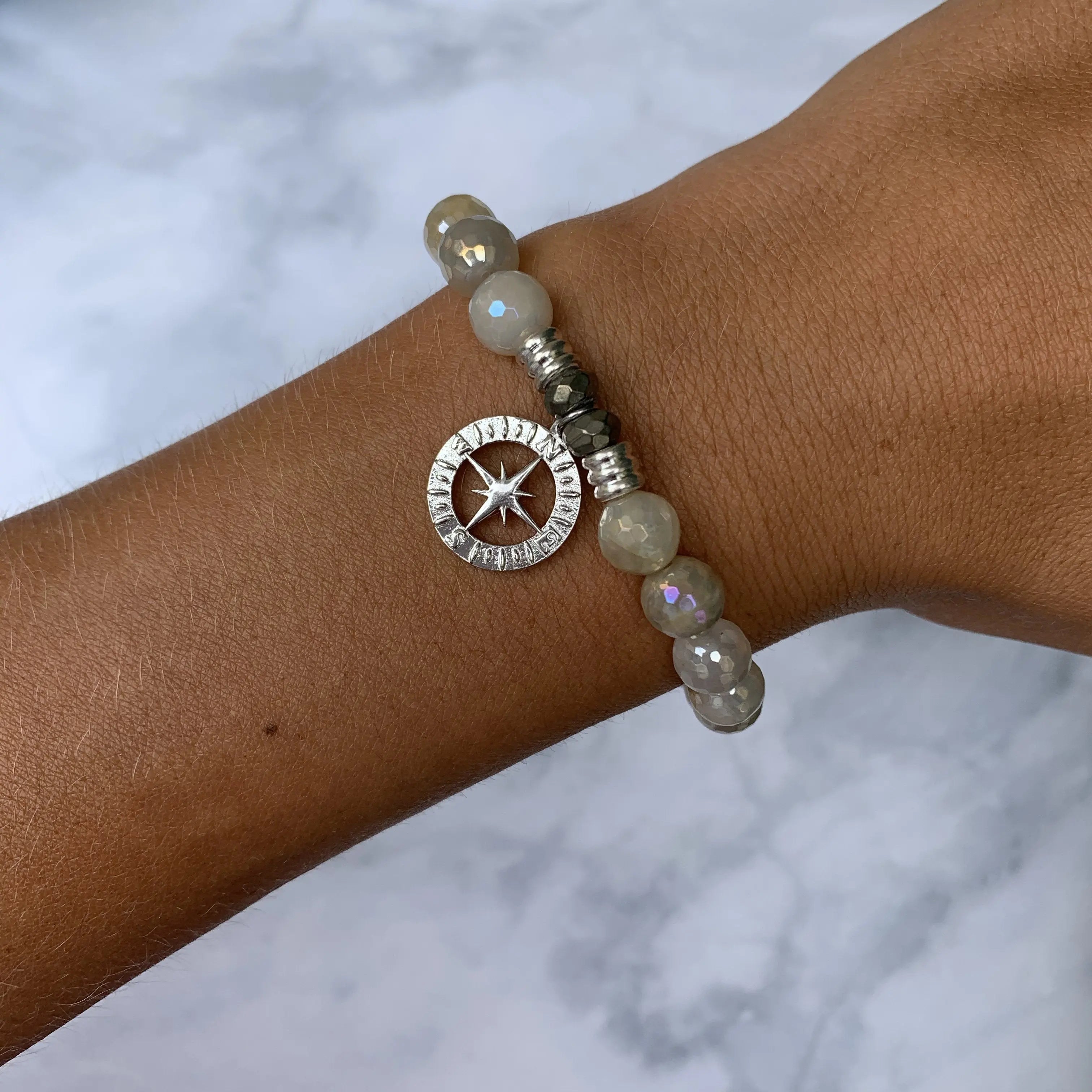 Moonstone Gemstone Bracelet with Compass Rose Sterling Silver Charm T. Jazelle