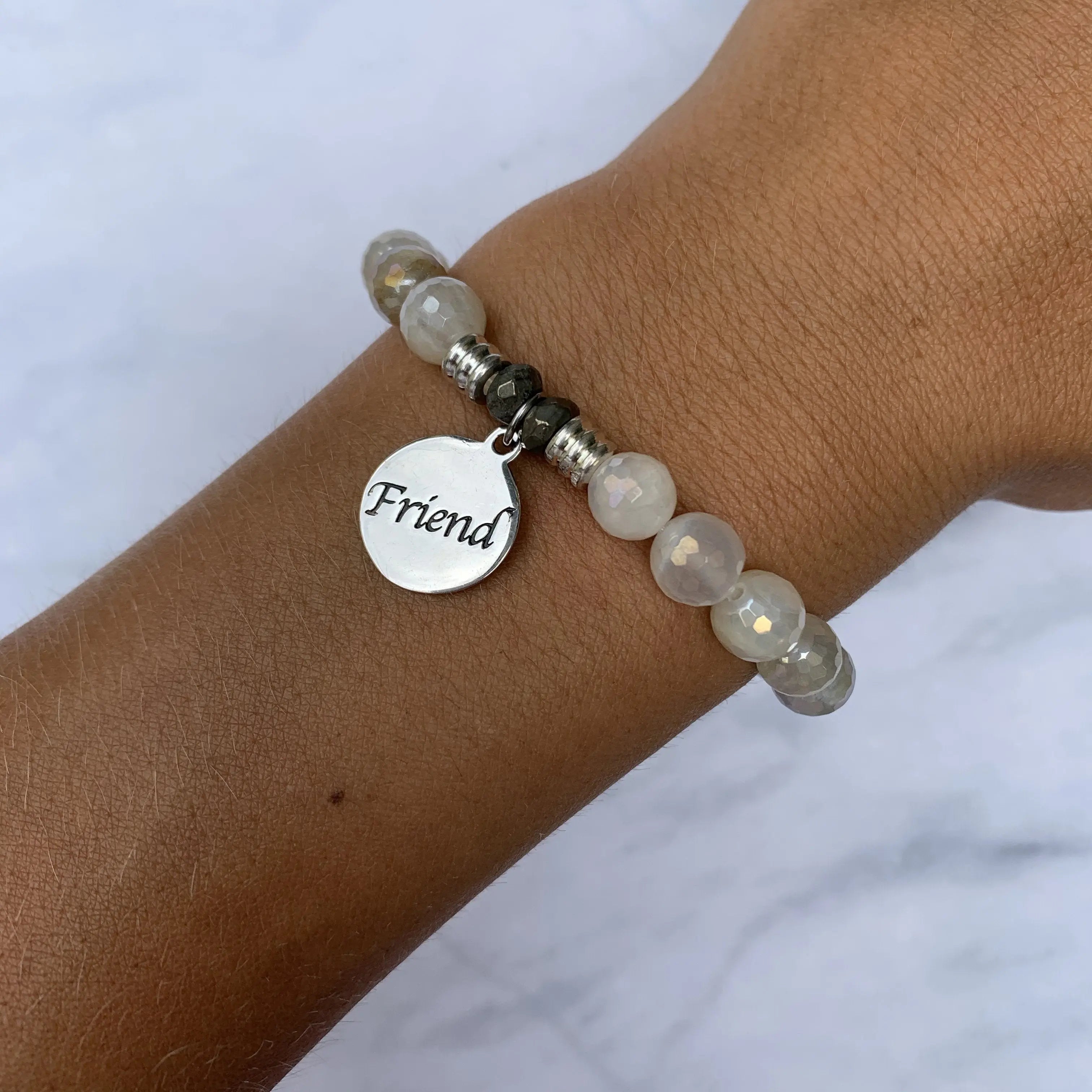Moonstone Gemstone Bracelet with Friend Sterling Silver Charm T. Jazelle