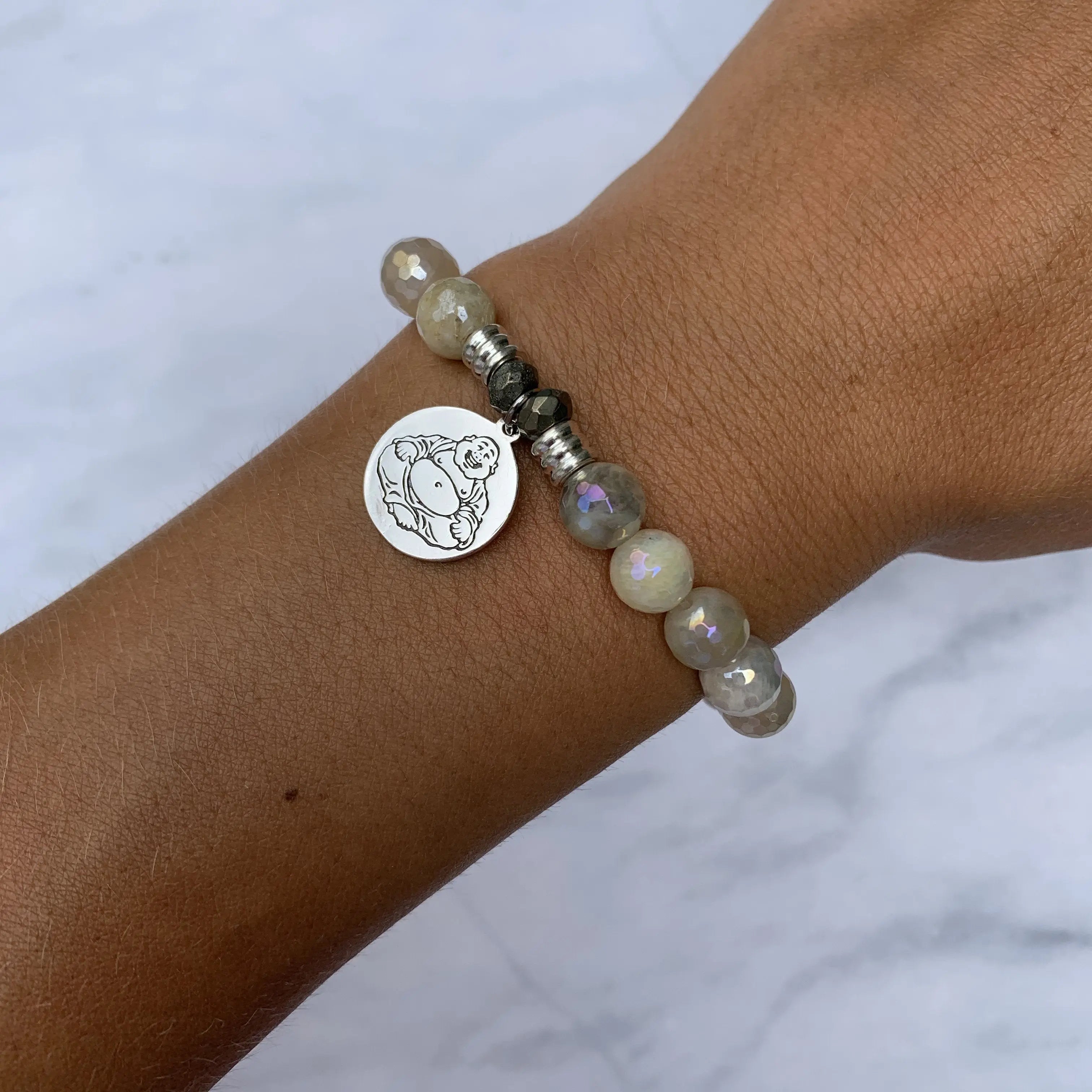 Moonstone Gemstone Bracelet with Happy Buddha Sterling Silver Charm T. Jazelle