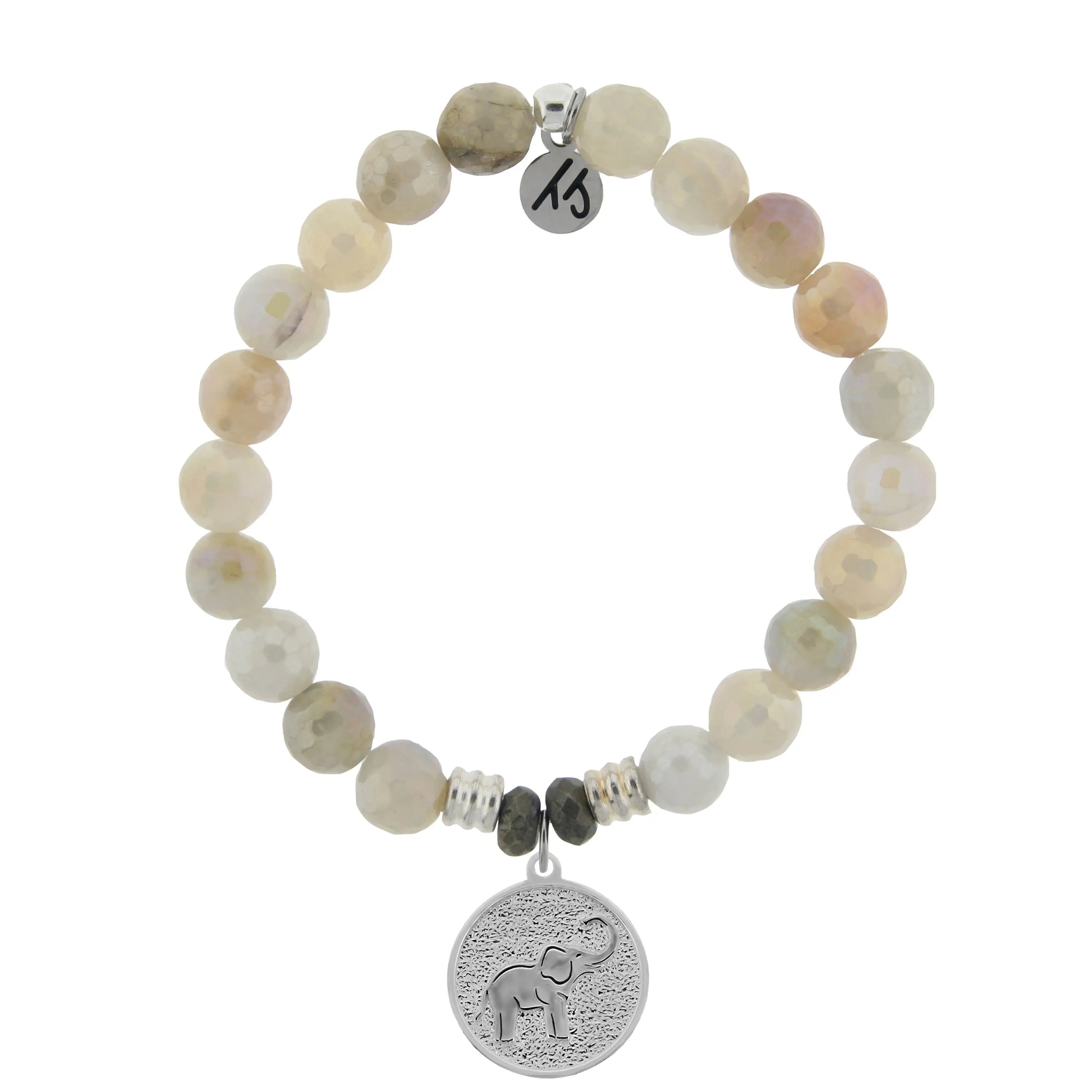 Moonstone Gemstone Bracelet with Lucky Elephant Sterling Silver Charm T. Jazelle