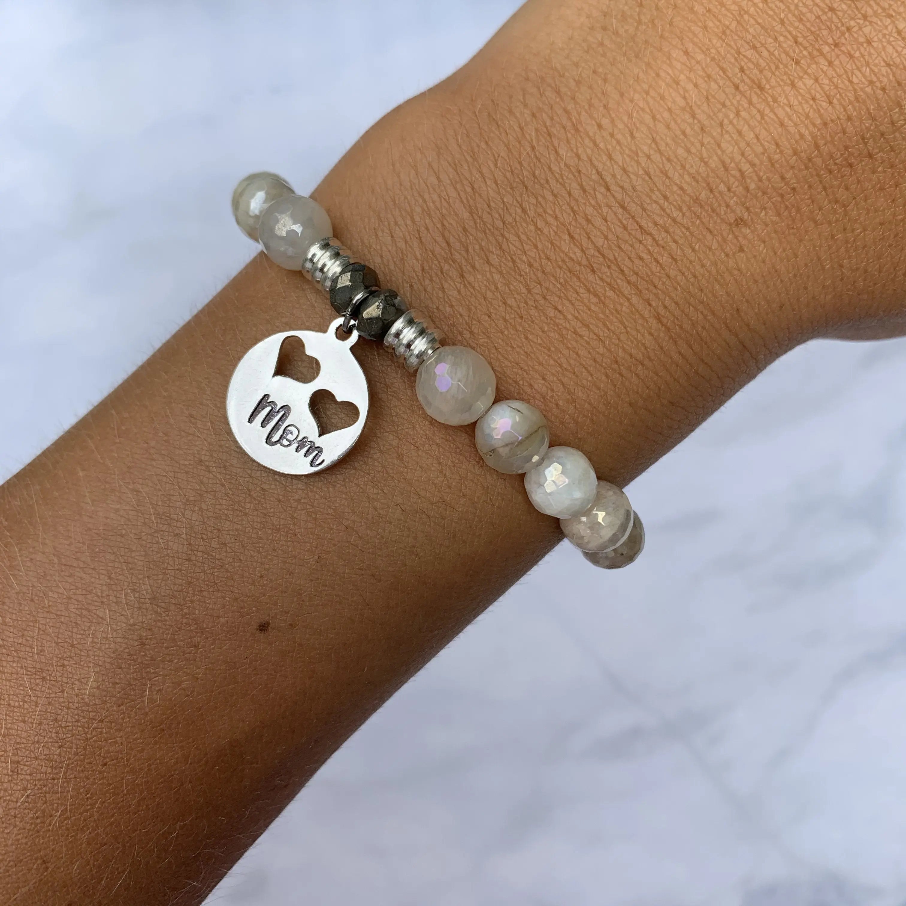 Moonstone Gemstone Bracelet with Mom Hearts Sterling Silver Charm T. Jazelle