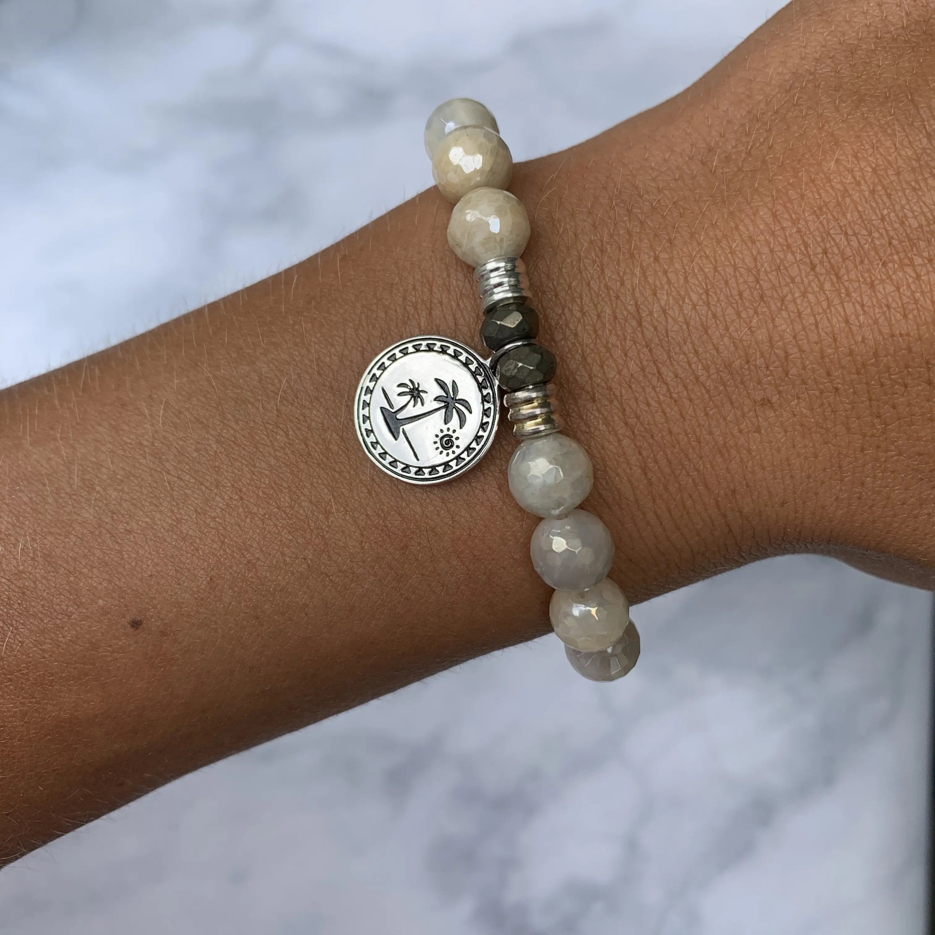 Moonstone Gemstone Bracelet with Palm Tree Sterling Silver Charm T. Jazelle