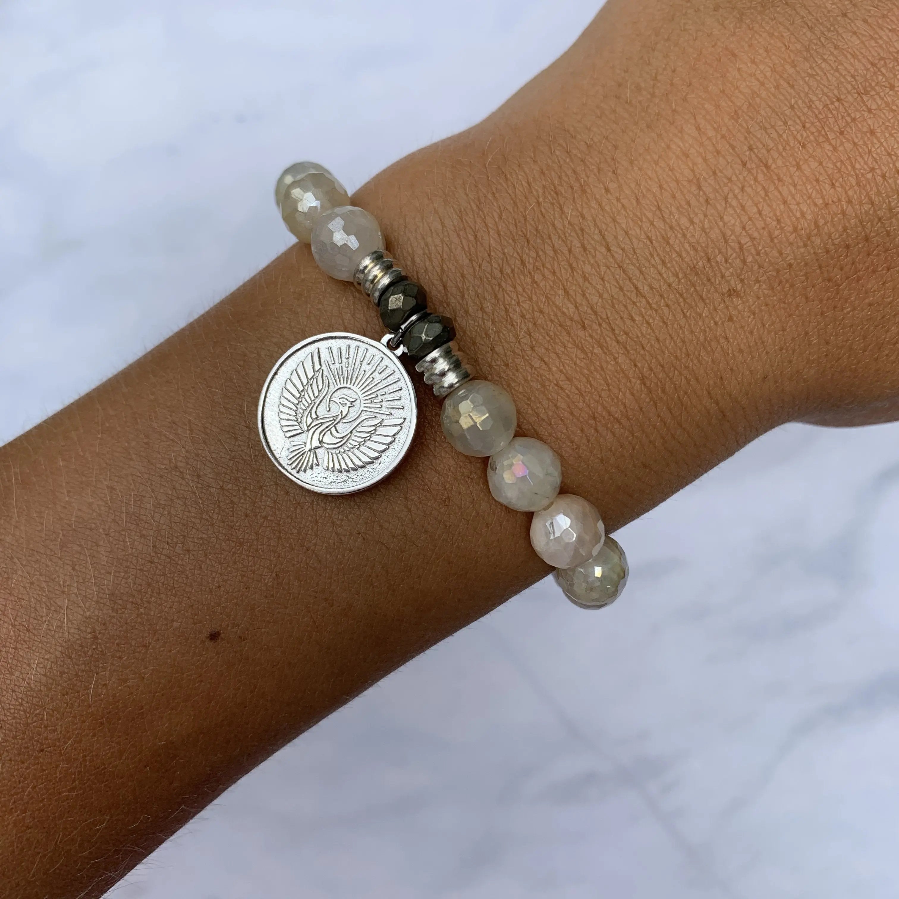 Moonstone Gemstone Bracelet with Phoenix Sterling Silver Charm T. Jazelle