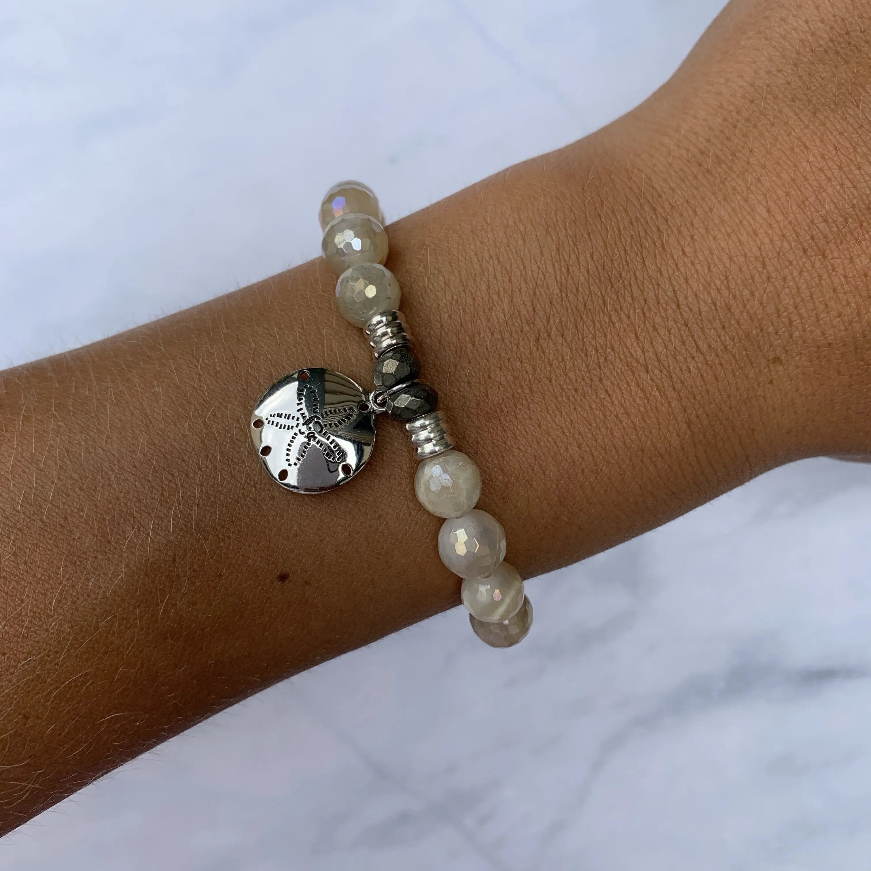 Moonstone Gemstone Bracelet with Sand Dollar Sterling Silver Charm T. Jazelle