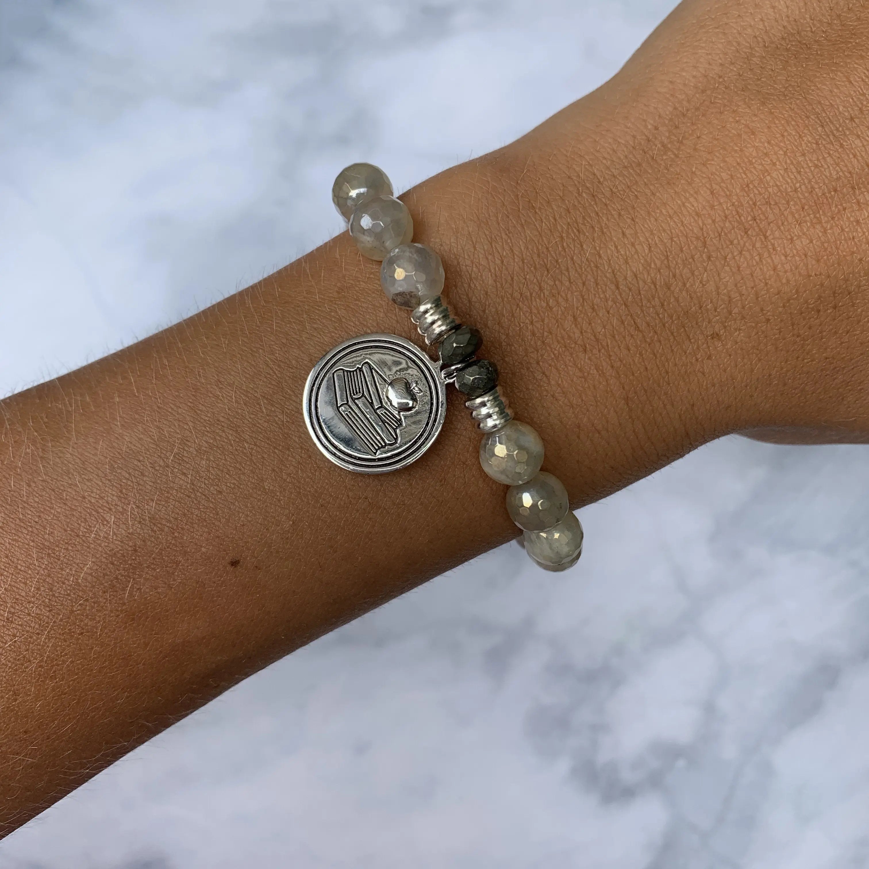 Moonstone Gemstone Bracelet with Teacher Sterling Silver Charm T. Jazelle