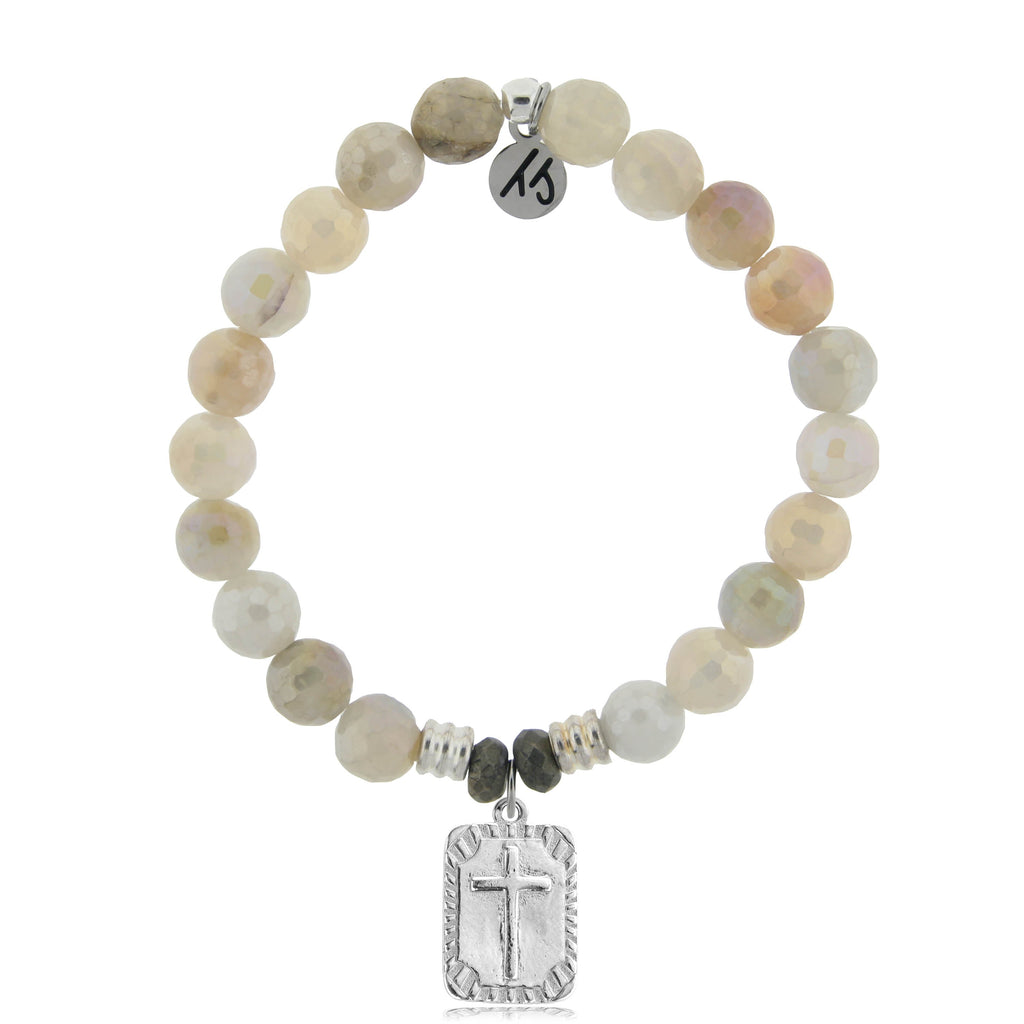 Moonstone Stone Bracelet with Cross Rectangle Sterling Silver Charm