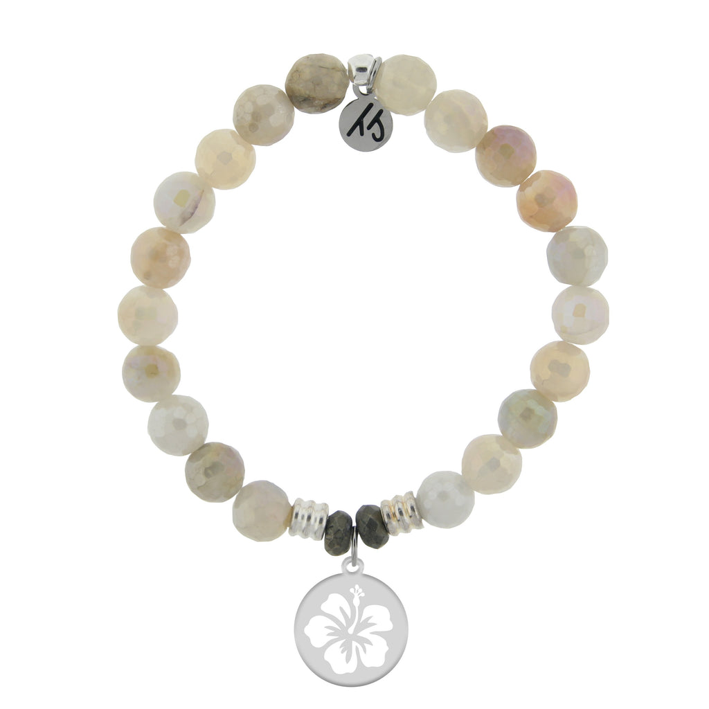 Moonstone Stone Bracelet with Hibiscus Flower Sterling Silver Charm