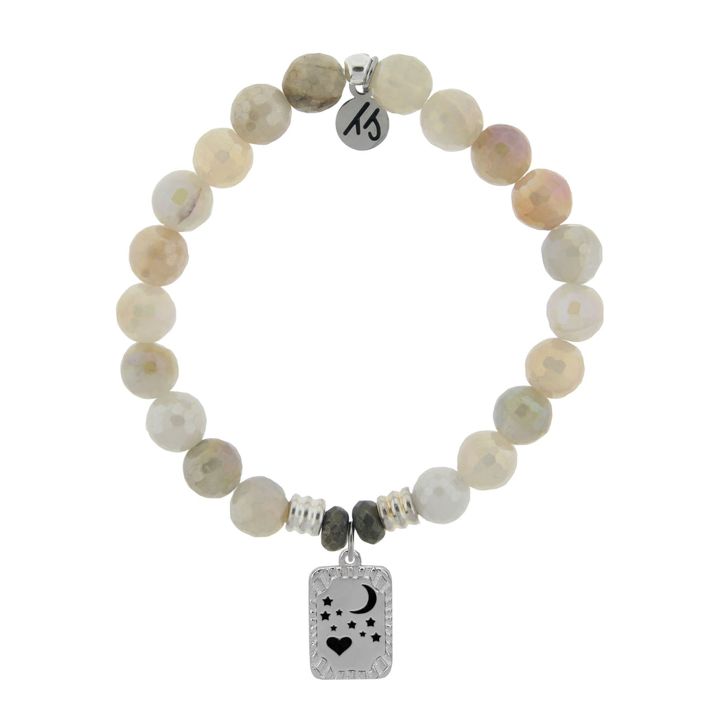 Moonstone Stone Bracelet with Moon and Back Sterling Silver Charm