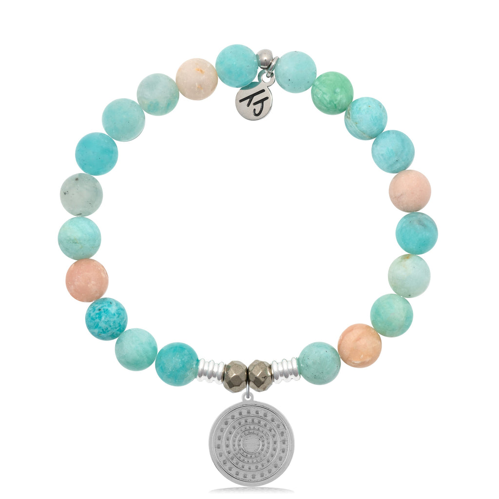 Multi Amazonite Stone Bracelet with Family Circle Sterling Silver Charm