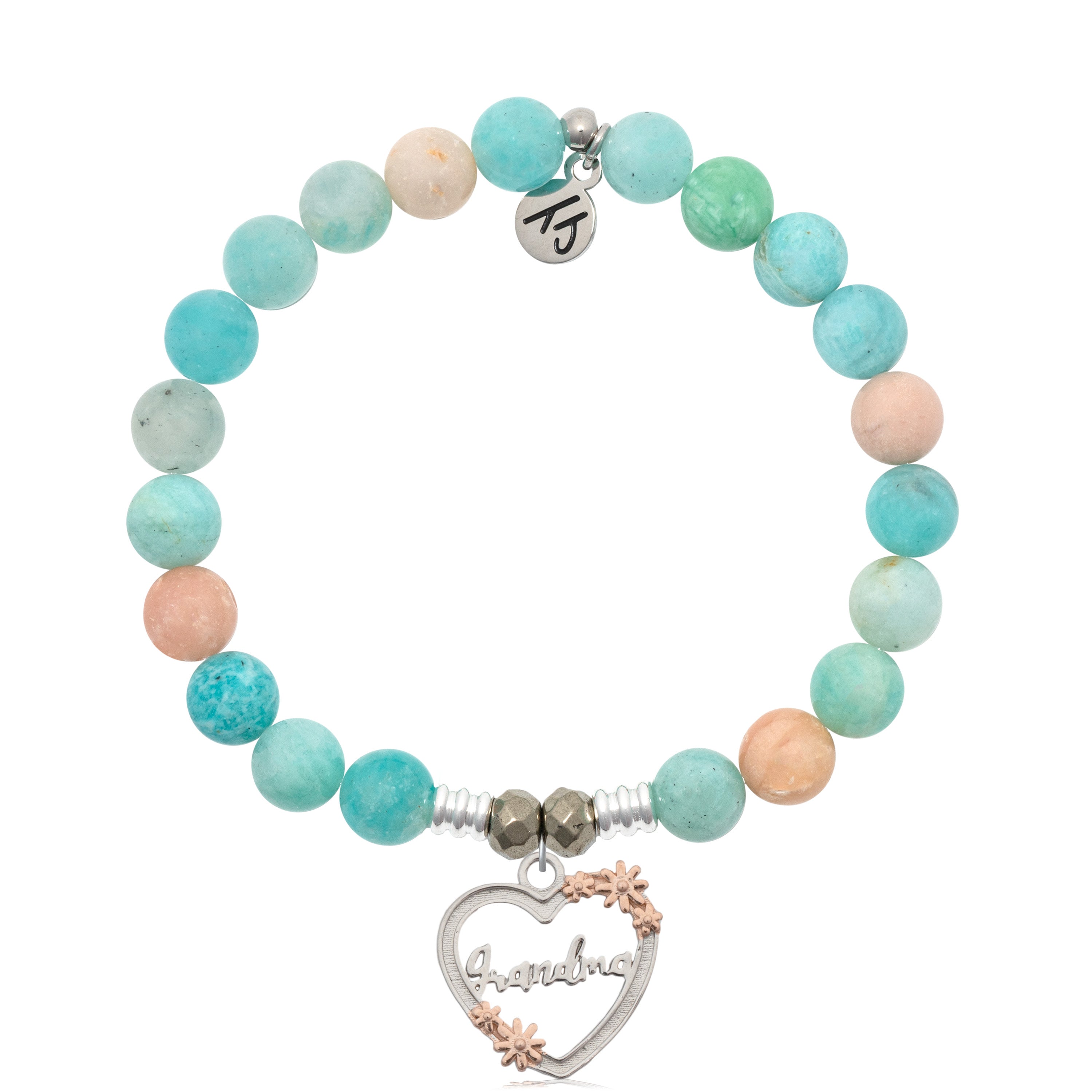 Multi Amazonite Stone Bracelet with Heart Grandma Silver Charm