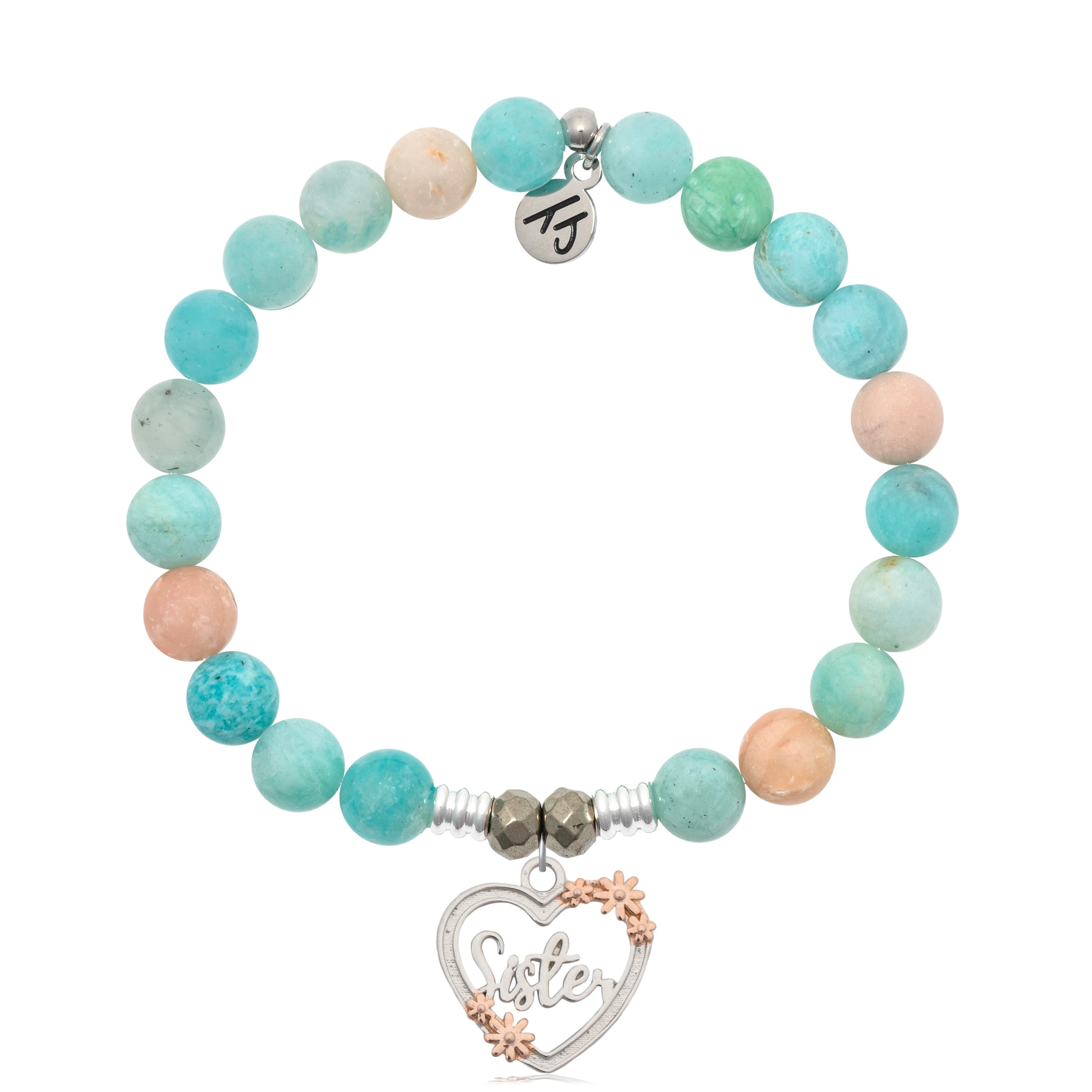 Multi Amazonite Stone Bracelet with Heart Sister Silver Charm