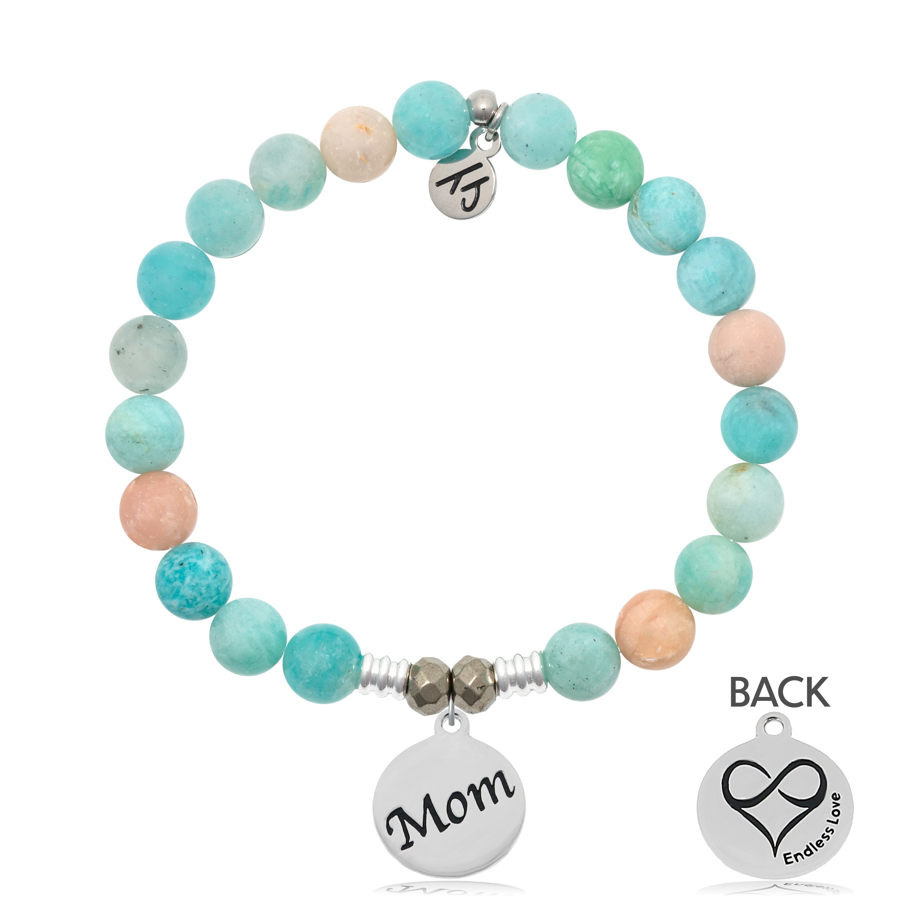 Multi Amazonite Stone Bracelet with Mom Sterling Silver Charm
