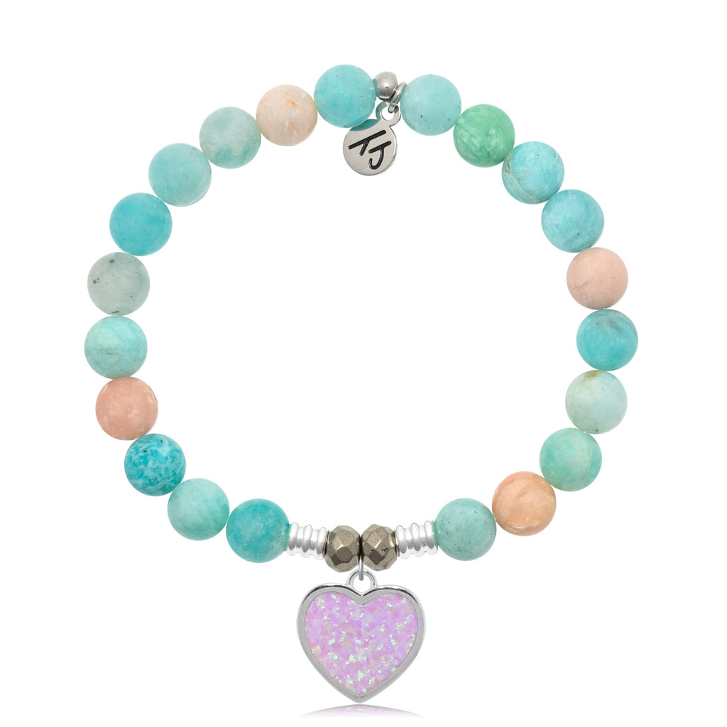 Multi Amazonite Stone Bracelet with Pink Opal Heart Sterling Silver Charm
