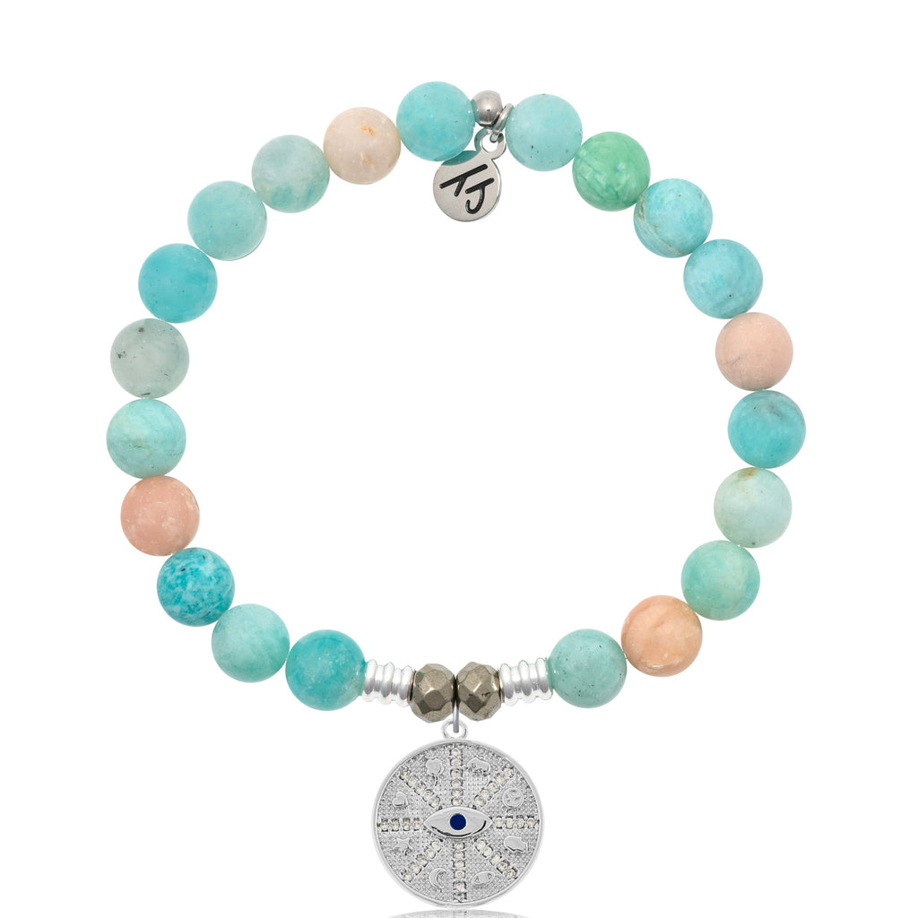Multi Amazonite Stone Bracelet with Protection Sterling Silver Charm