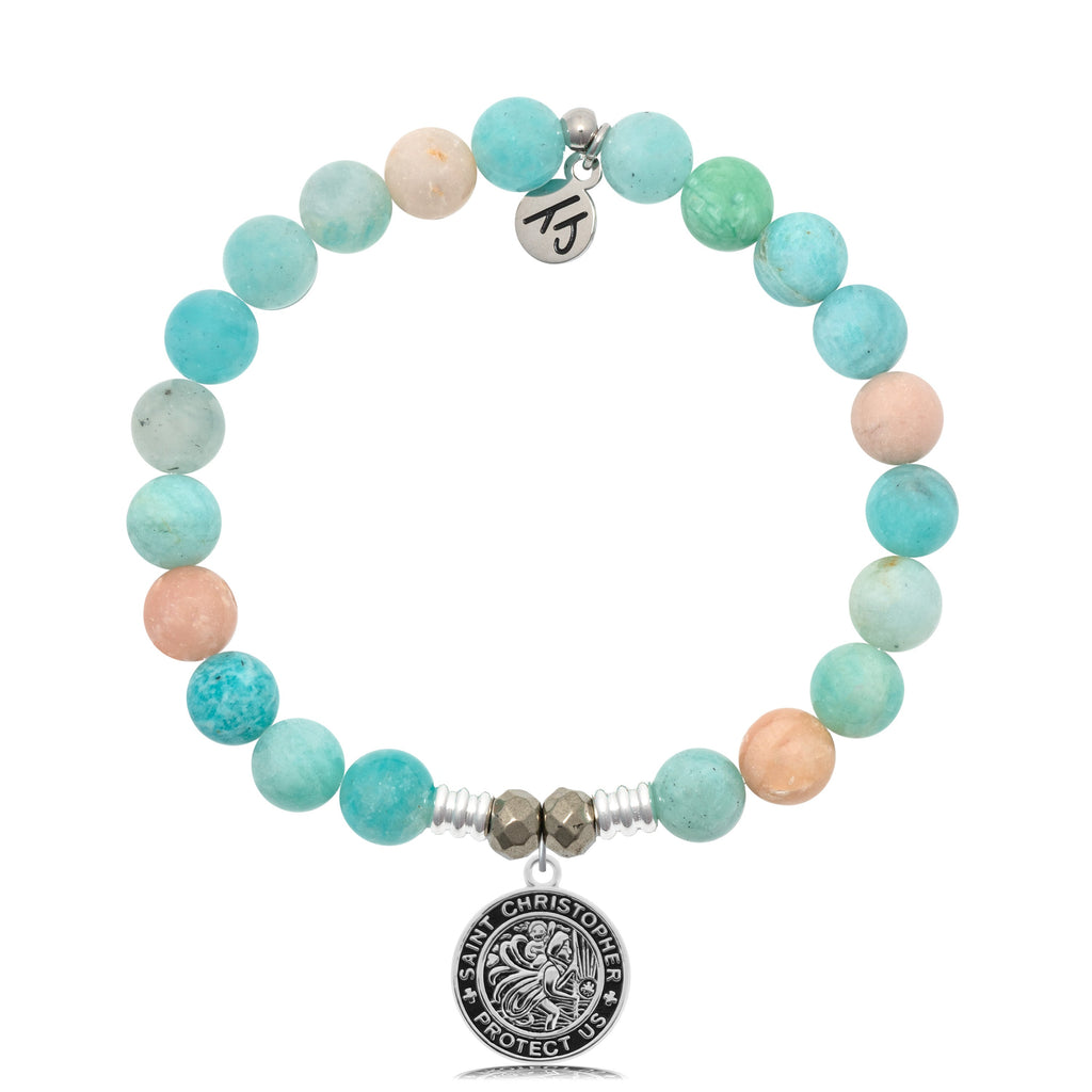Multi Amazonite Stone Bracelet with Saint Christopher Sterling Silver Charm