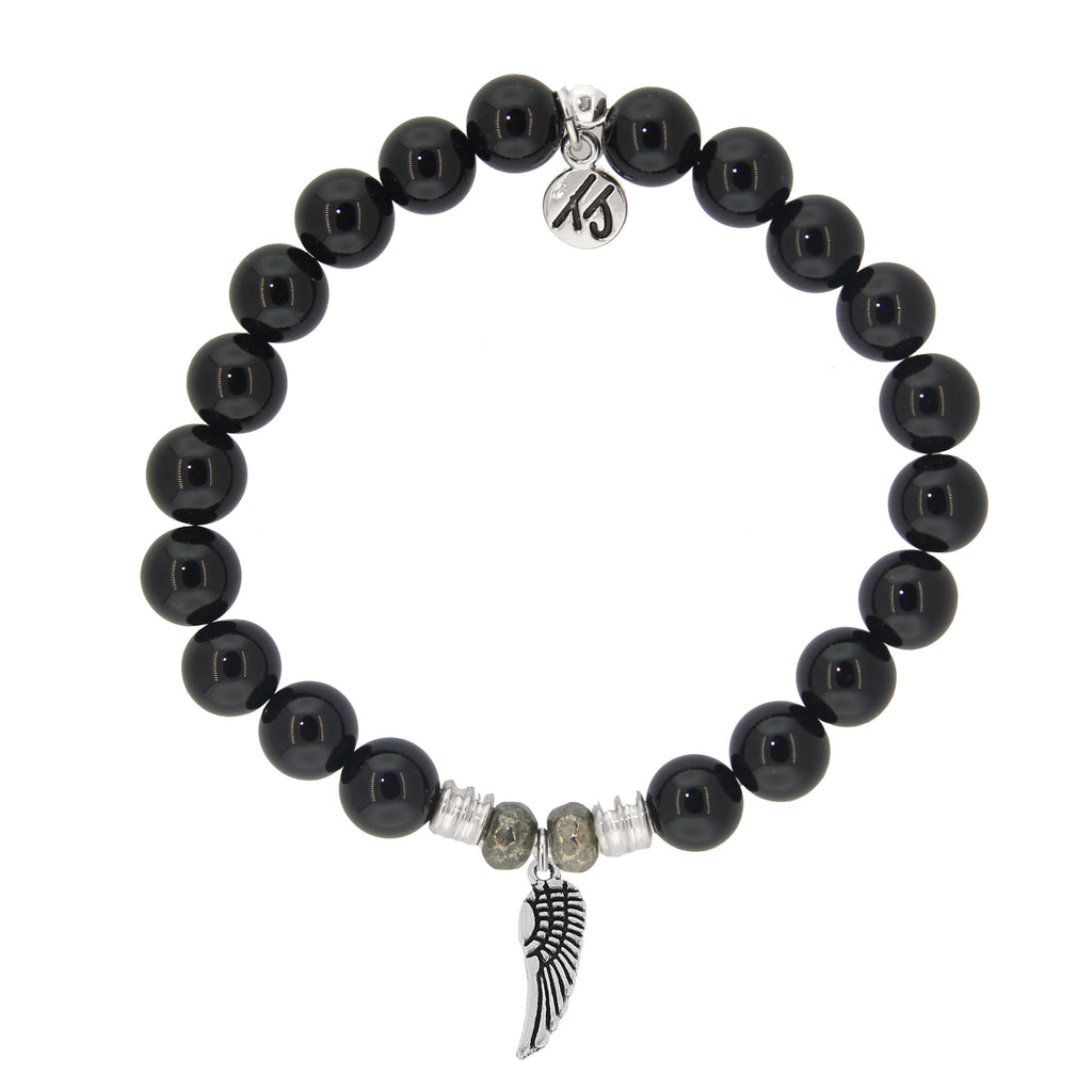 Onyx Stone Bracelet with Angel Wing Sterling Silver Charm