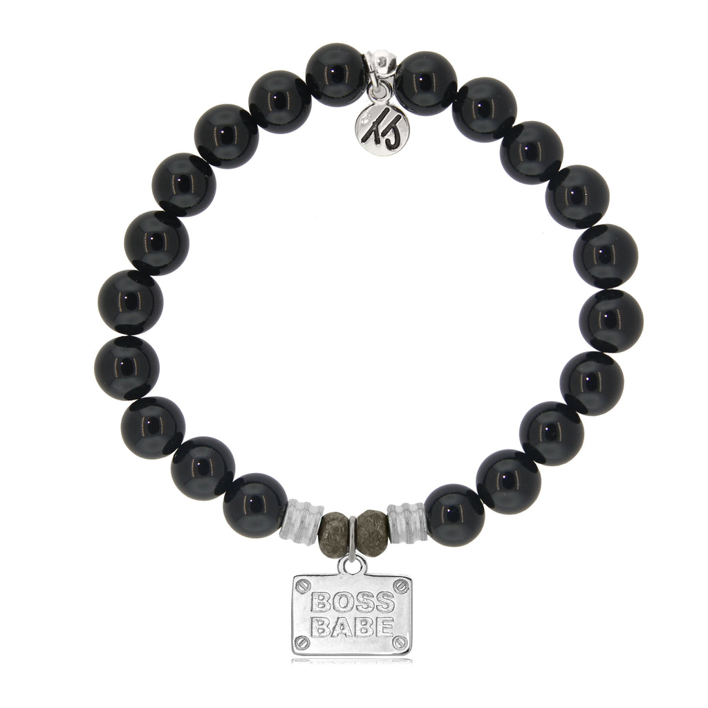 Onyx Stone Bracelet with Boss Babe Sterling Silver Charm