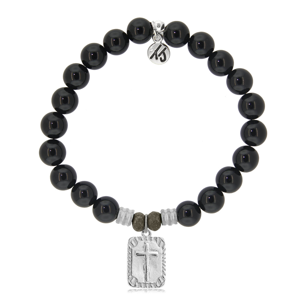 Onyx Stone Bracelet with Cross Rectangle Sterling Silver Charm