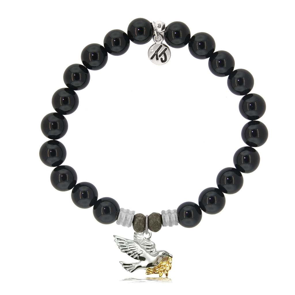 Onyx Stone Bracelet with Dove Sterling Silver Charm