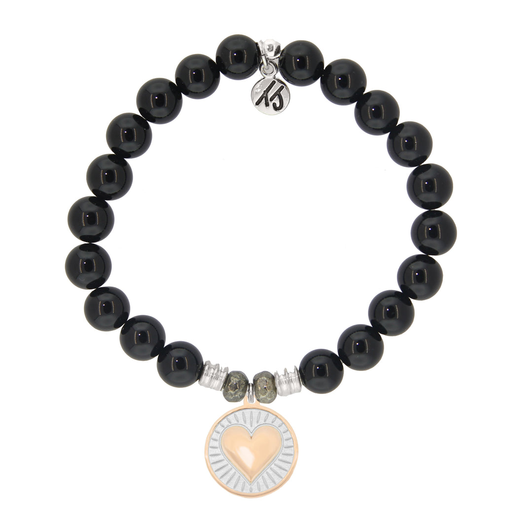 Onyx Stone Bracelet with Heart of Gold Sterling Silver Charm