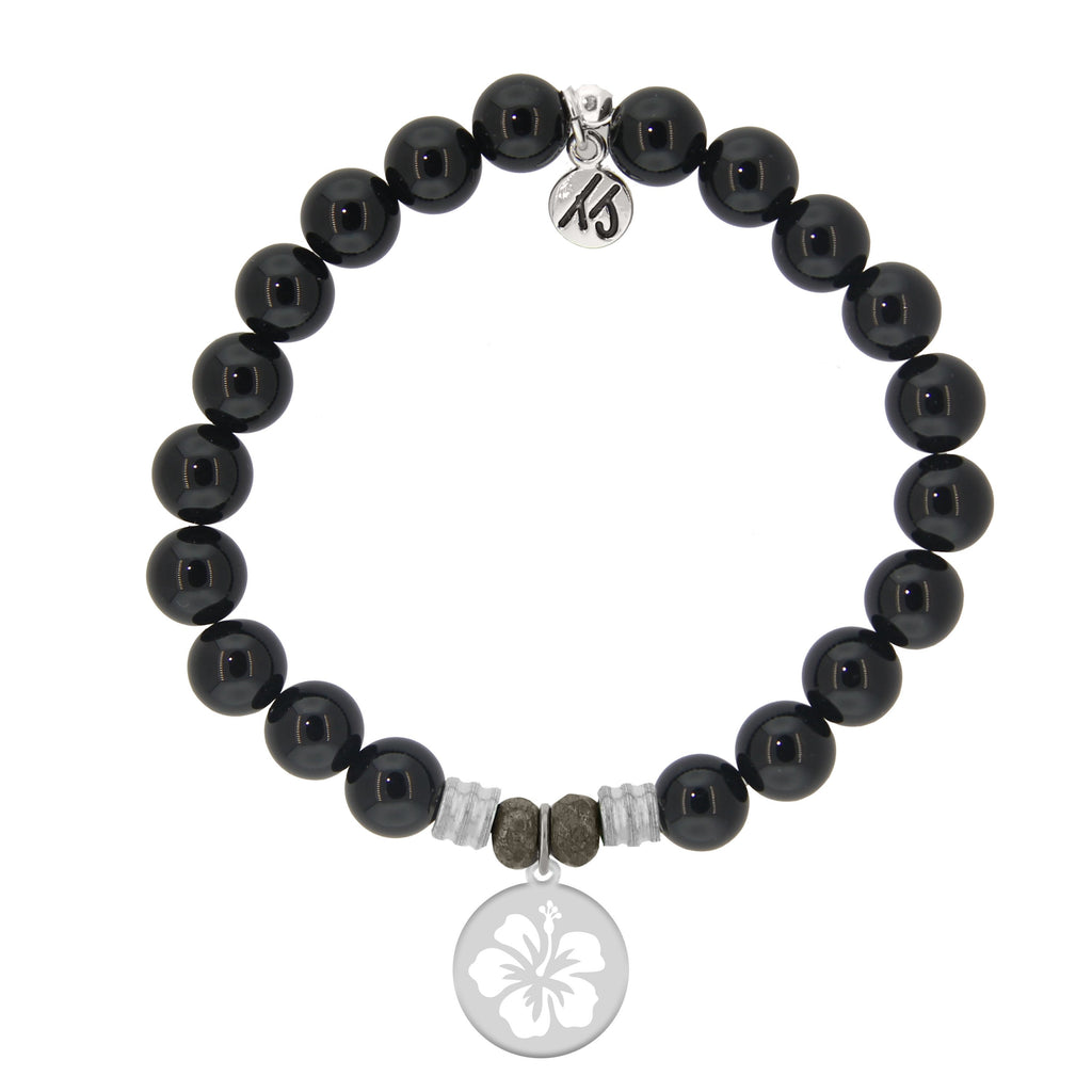 Onyx Stone Bracelet with Hibiscus Flower Sterling Silver Charm