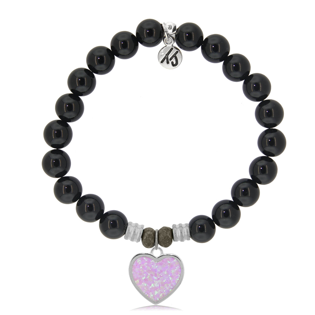 Onyx Stone Bracelet with Pink Opal Heart Sterling Silver Charm
