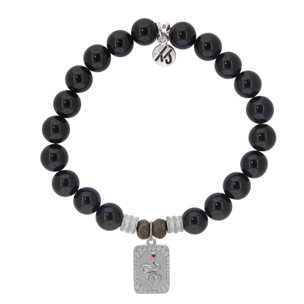 Onyx Stone Bracelet with Snake Sterling Silver Charm