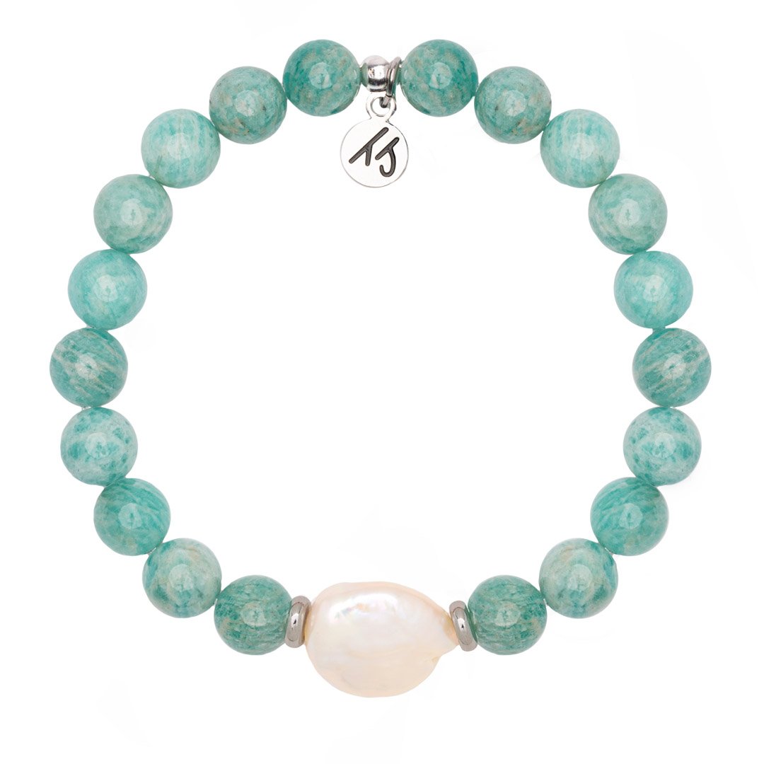 Peruvian Amazonite Gemstone with Pearl Coin Stacker Bracelet