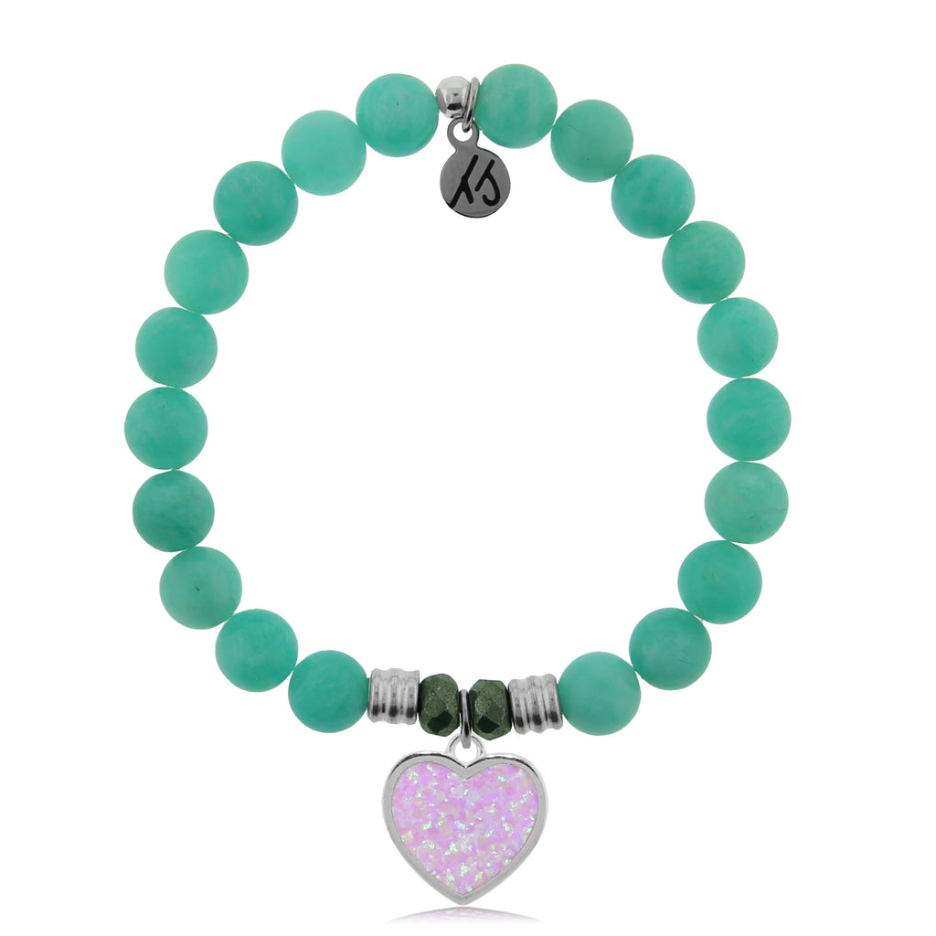 Peruvian Amazonite Stone Bracelet with Pink Opal Heart Sterling Silver Charm