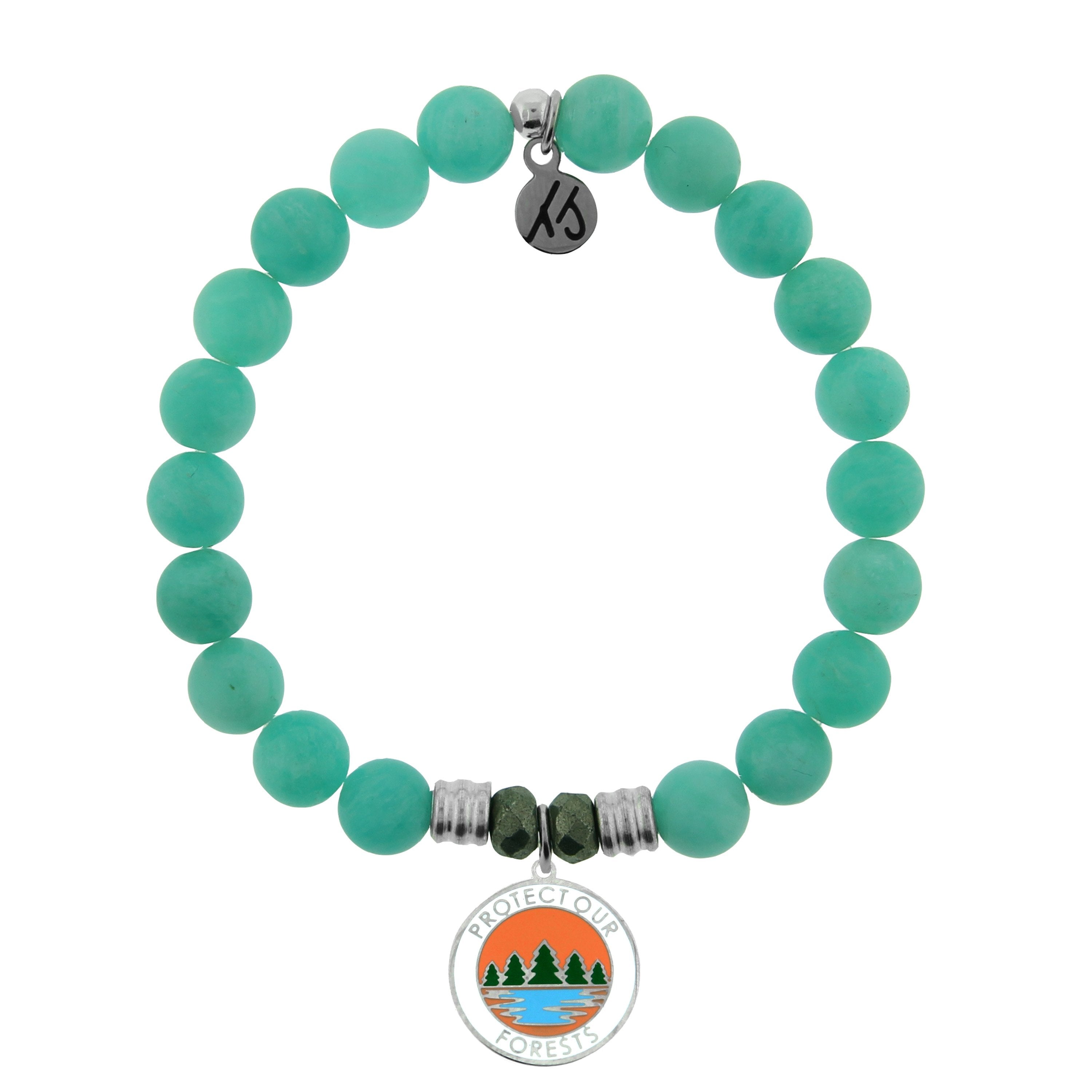 Peruvian Amazonite Stone Bracelet with Protect Our Forest Sterling Silver Charm
