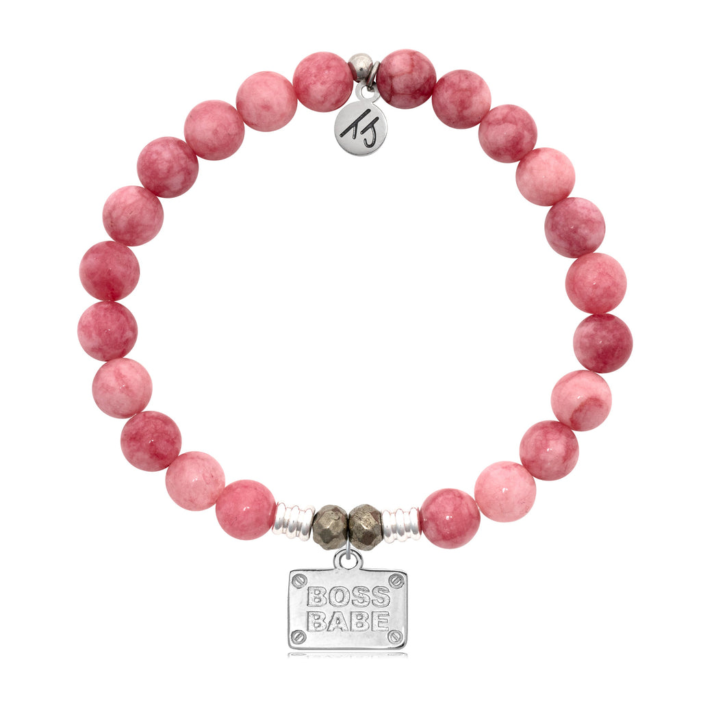 Pink Jade Stone Bracelet with Boss Babe Sterling Silver Charm