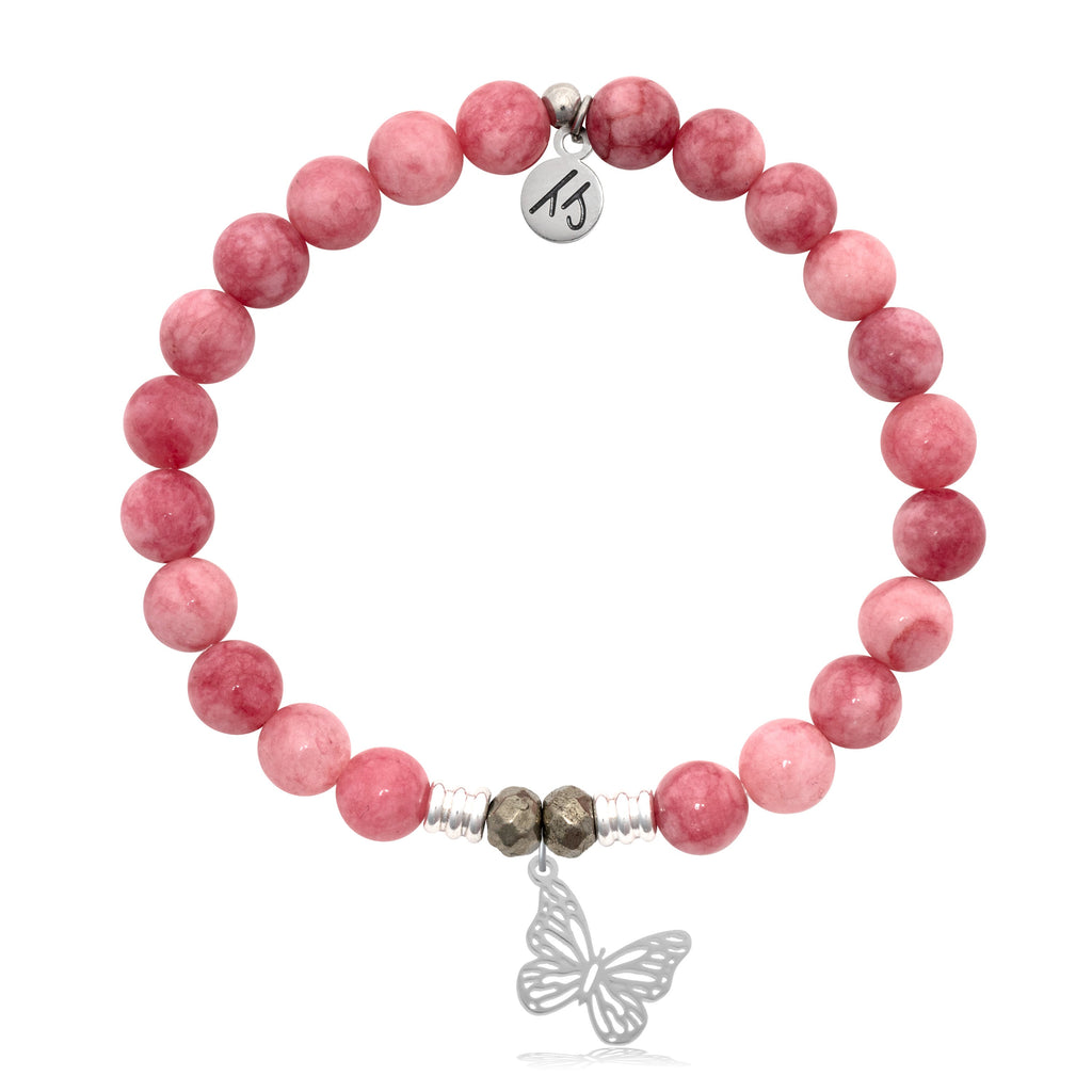 Pink Jade Stone Bracelet with Butterfly Sterling Silver Charm