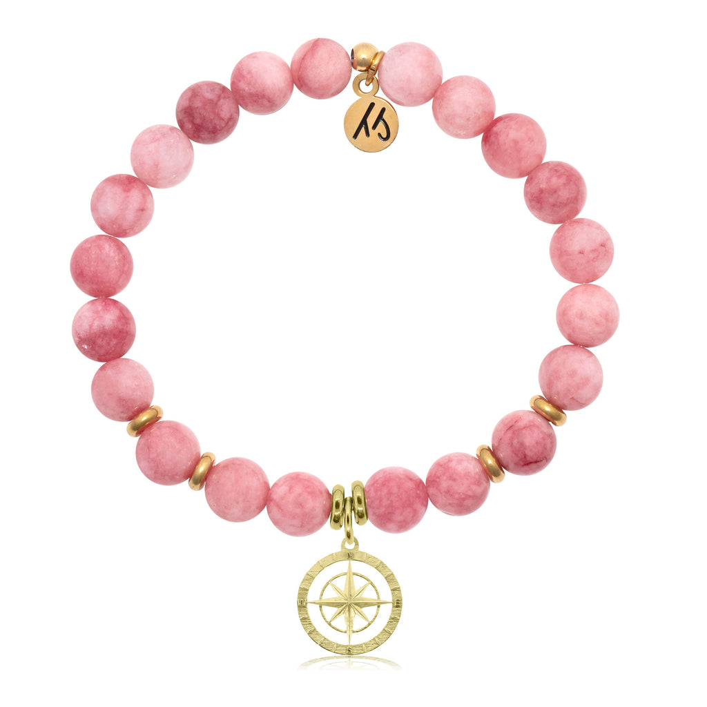 Pink Jade Stone Bracelet with Compass Rose Gold Charm