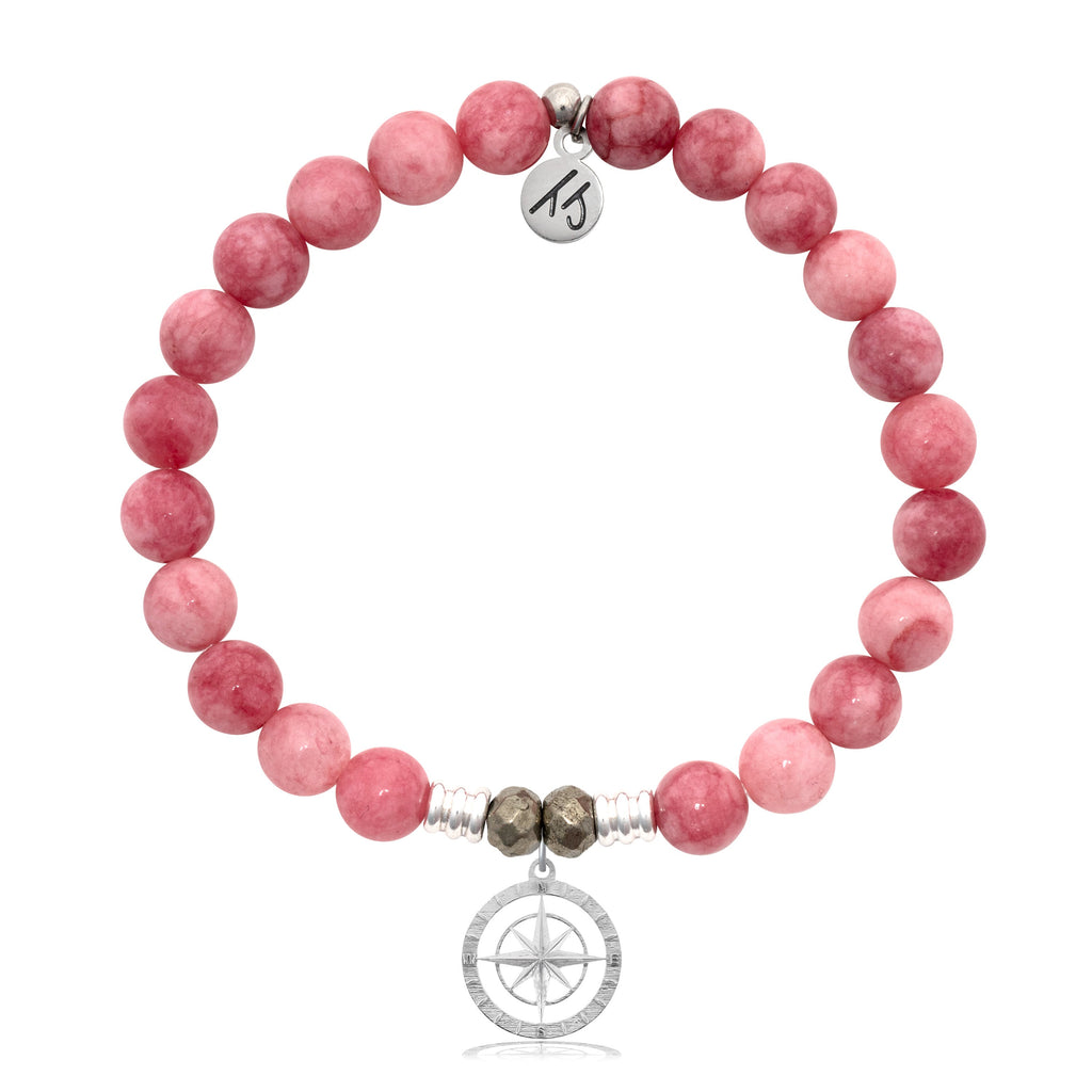 Pink Jade Stone Bracelet with Compass Rose Sterling Silver Charm