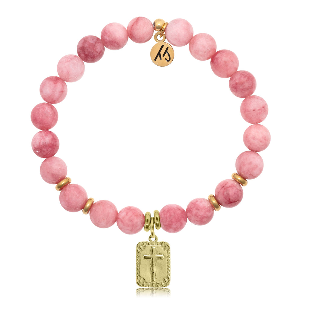 Pink Jade Stone Bracelet with Cross Gold Charm