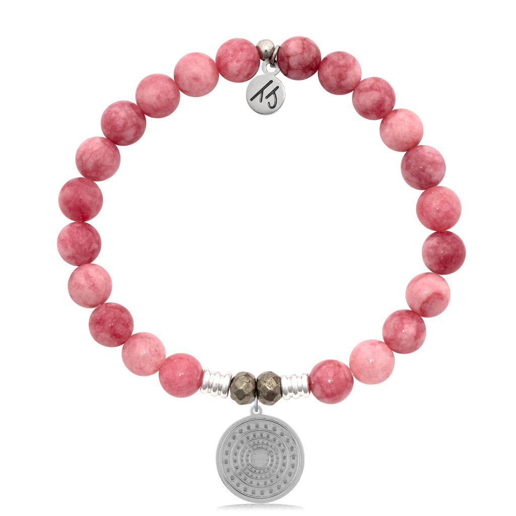 Pink Jade Stone Bracelet with Family Circle Sterling Silver Charm