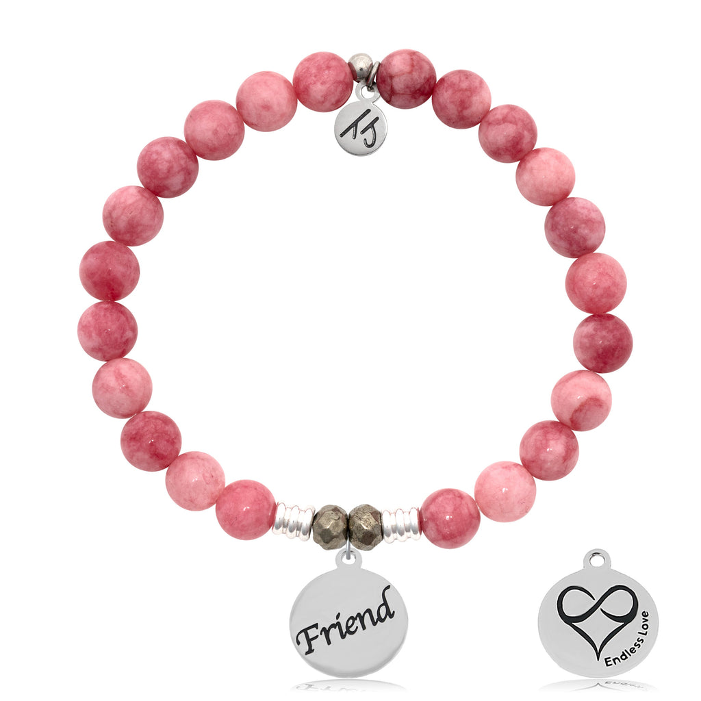 Pink Jade Stone Bracelet with Friend Sterling Silver Charm